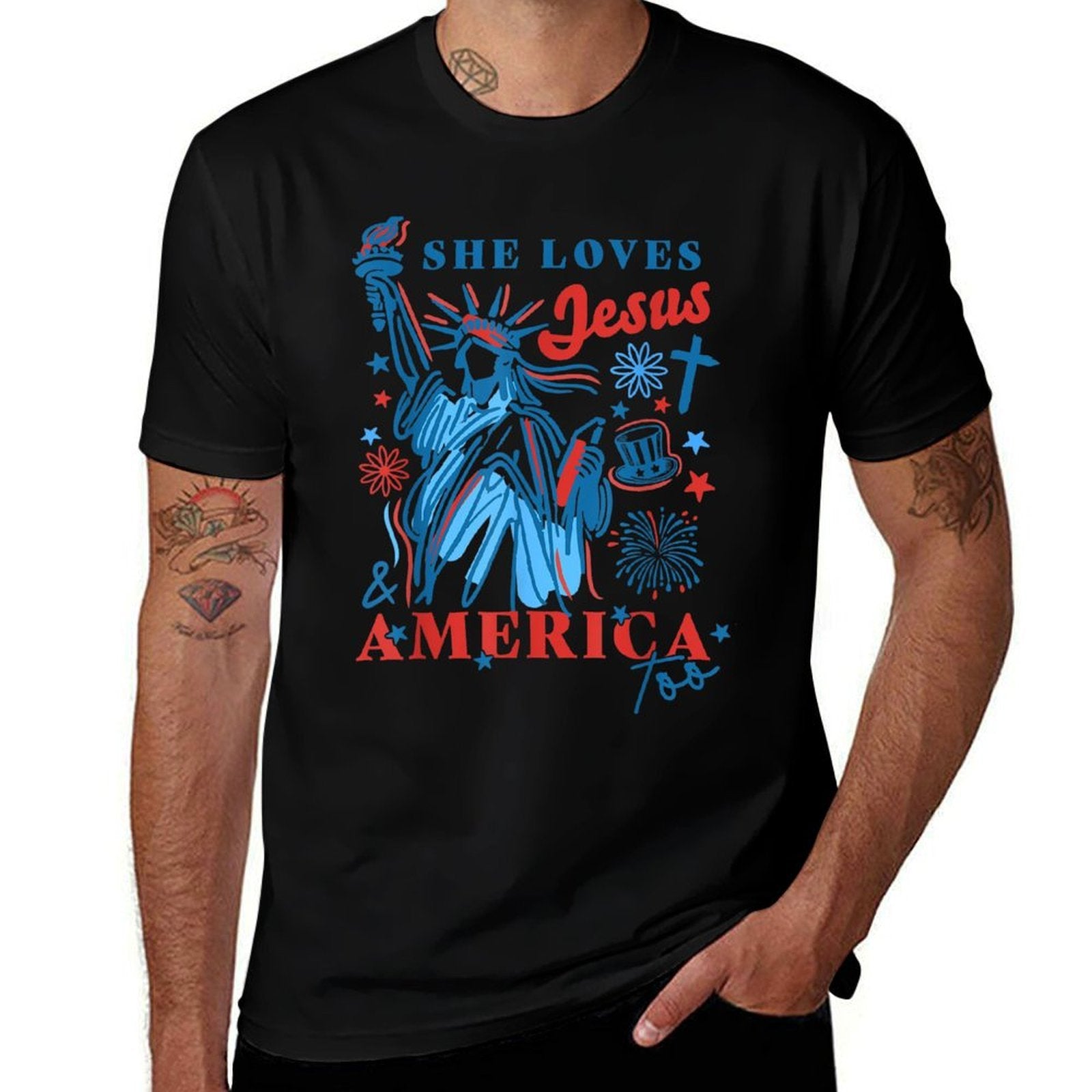 She Loves Jesus And America Too Statue Of Liberty 4th July  Oversized Silhouette T-Shirt