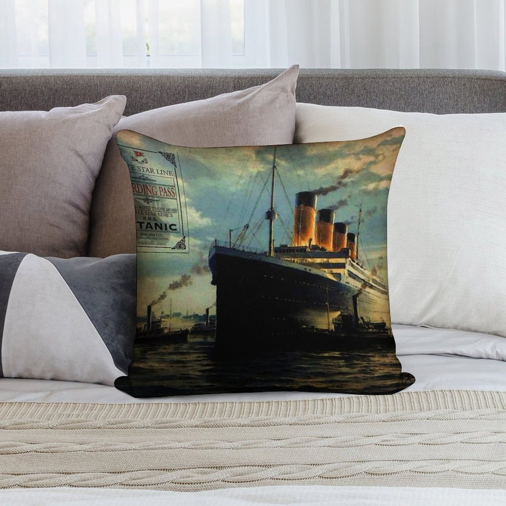 Vintage Titanic Ship with Boarding Pass Soft Fade-Resistant Throw Pillow