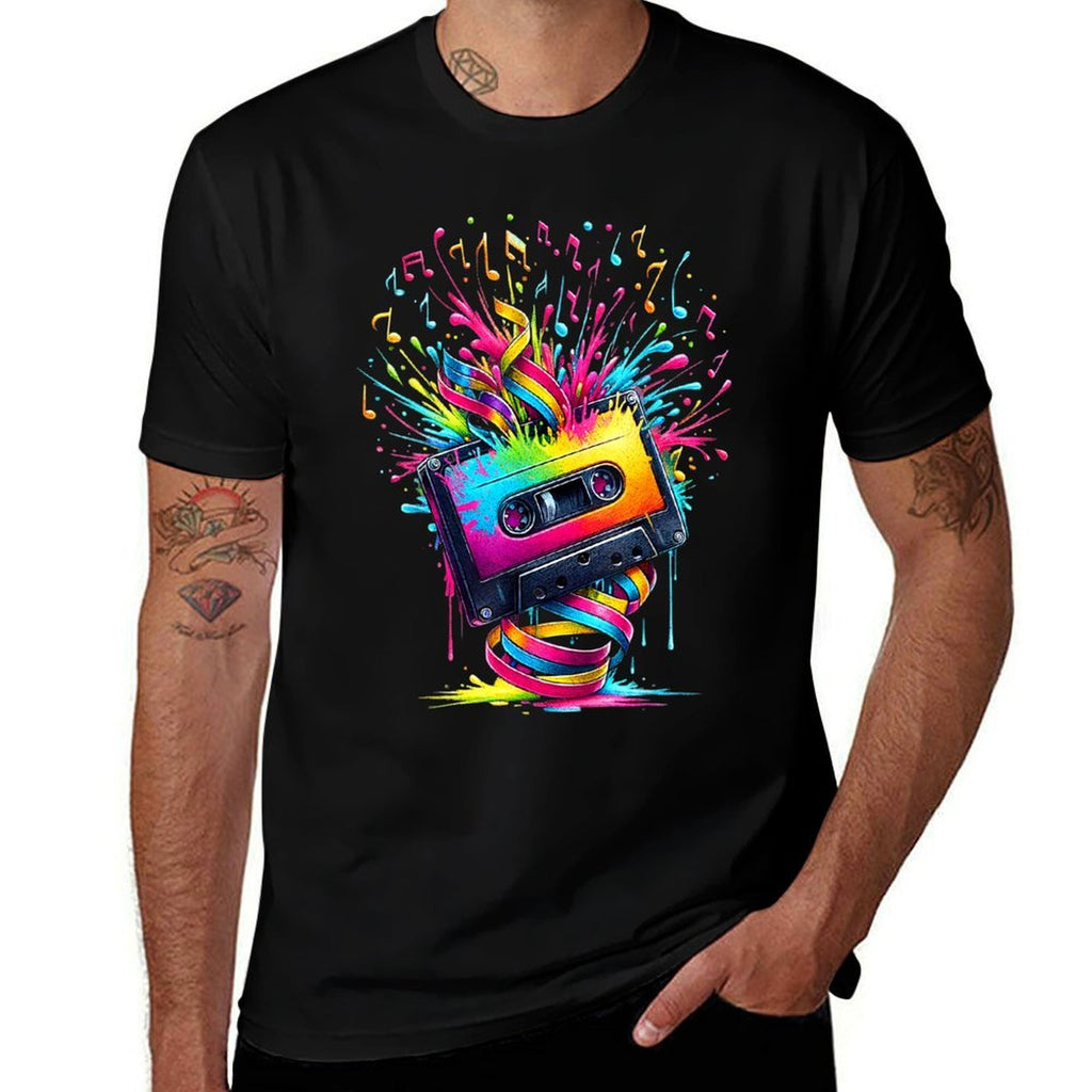 80s 90s Music Notes Cassette Tape Music  Fade-proof Color T-Shirt