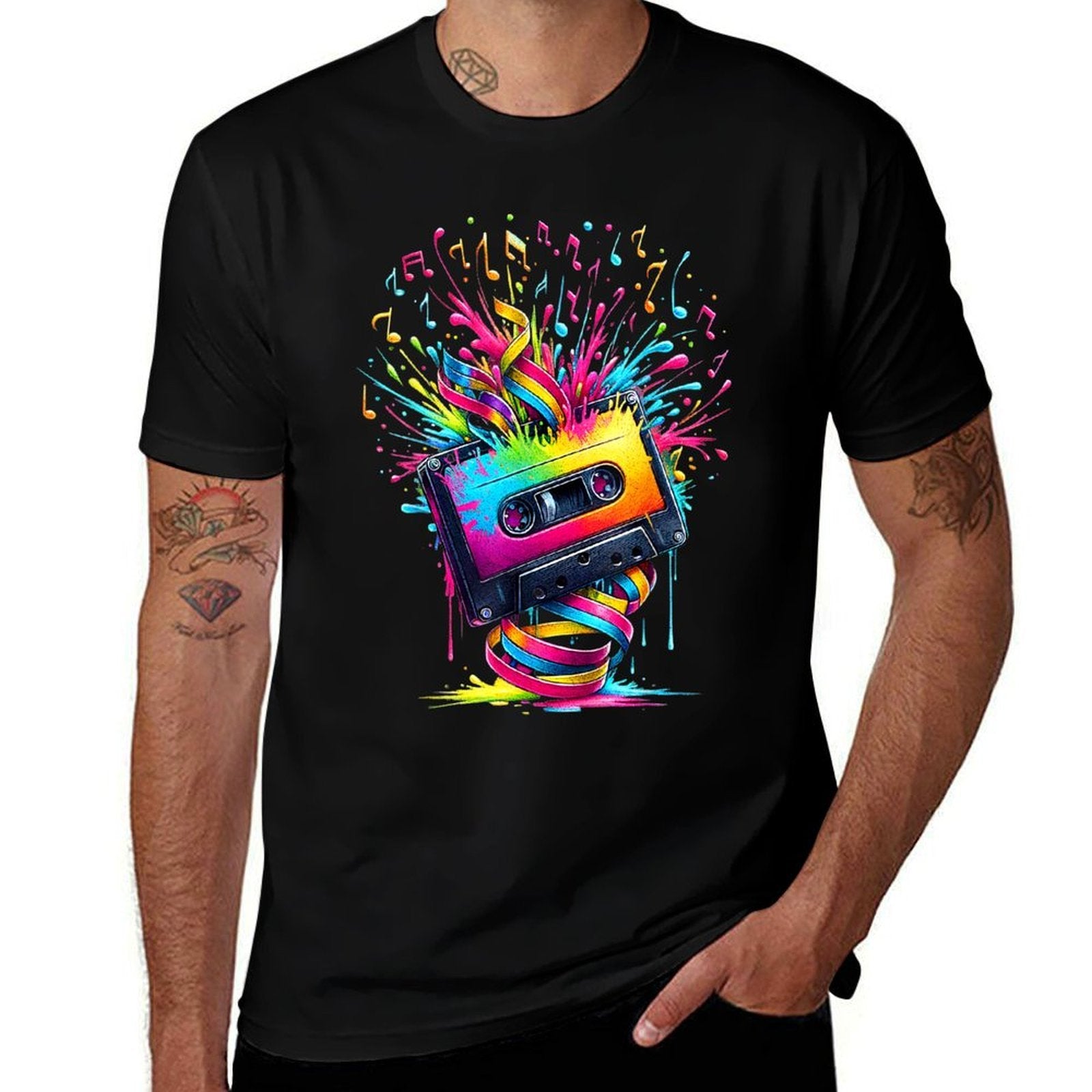 80s 90s Music Notes Cassette Tape Music  Fade-proof Color T-Shirt