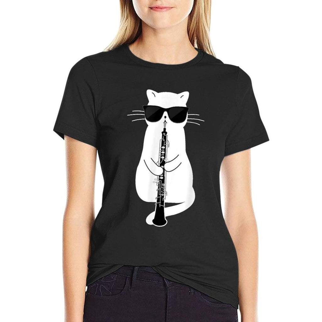 Cat Wearing Sunglasses Playing Oboe  Breathable T-Shirt