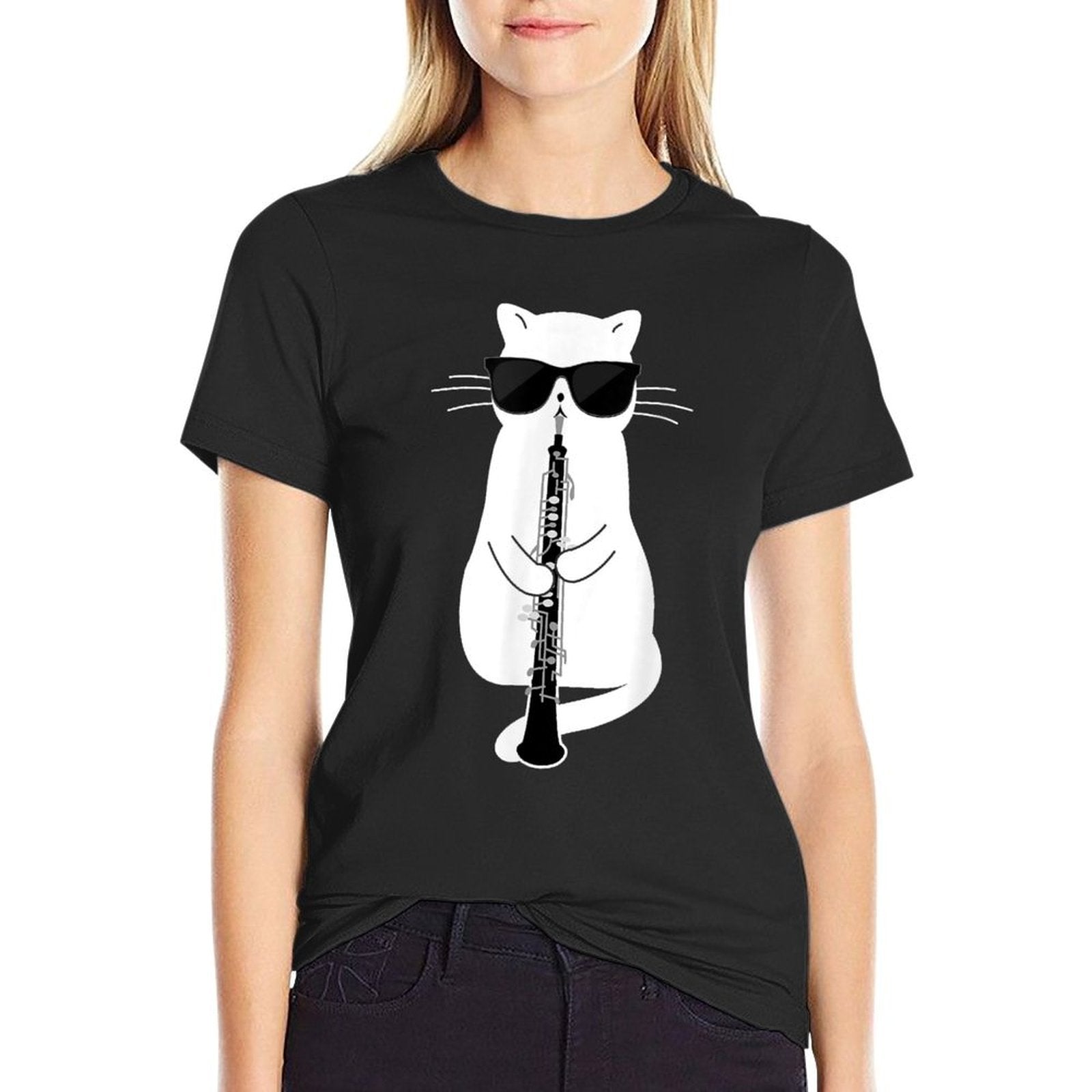 Cat Wearing Sunglasses Playing Oboe  Breathable T-Shirt