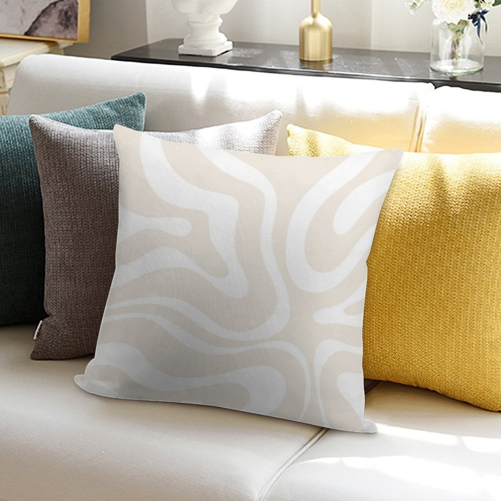 Liquid Swirl Modern Abstract Pattern in Light Ecru Beige And White Soft Home Decor Throw Pillow