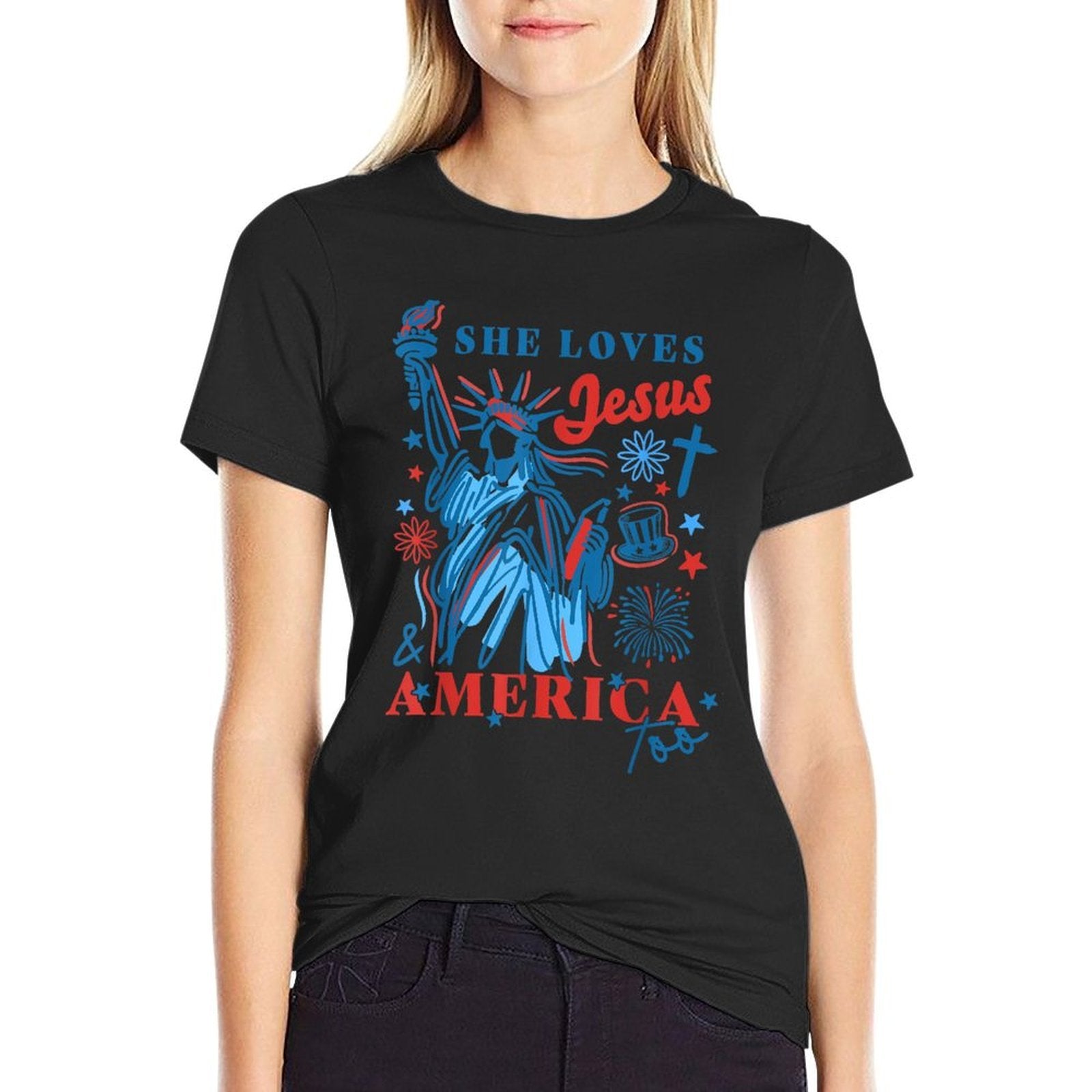 She Loves Jesus And America Too Statue Of Liberty 4th July  Oversized Silhouette T-Shirt
