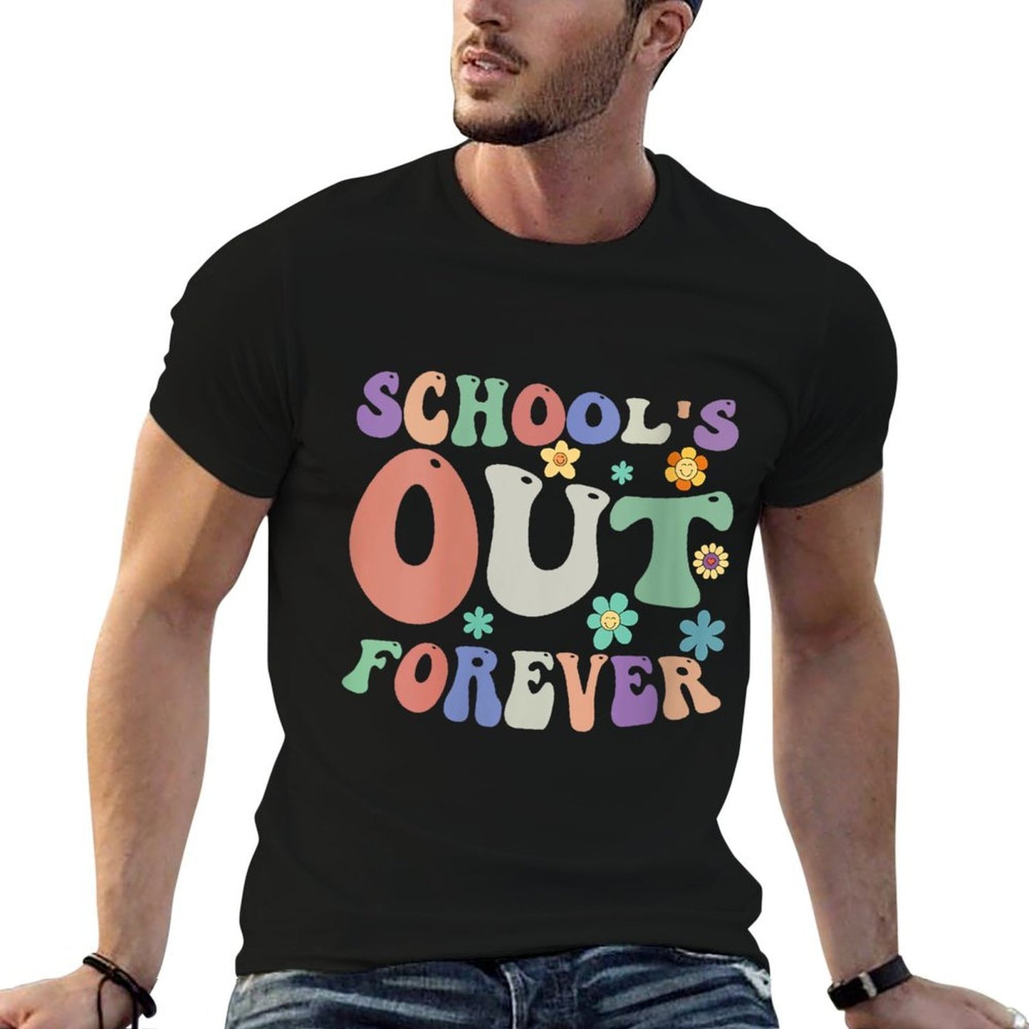 Womens Schools Out Forever Teacher Retirement Boho Flower  Summer-ready Fabric T-Shirt