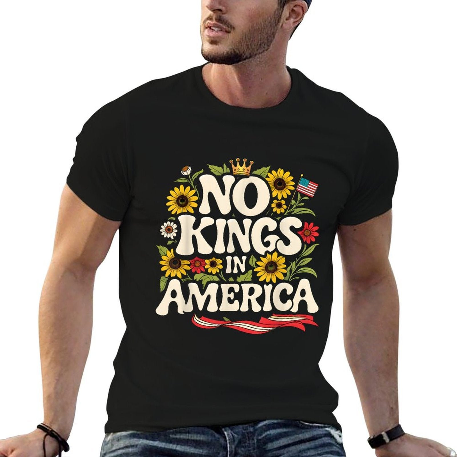 No Kings in America USA Vintage Floral 4th Of July Patriotic  Fade-proof Color T-Shirt