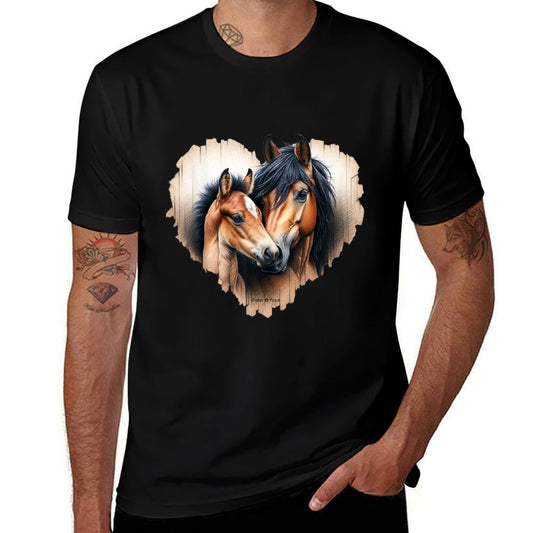 Watercolor Bay Horse Mare And Foal Bust On Wooden Heart  Breathable T-Shirt