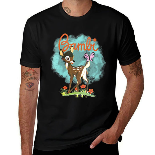 Womens Disney Bambi Cute Bambi Playing Around Watercolor Retro  Durable T-Shirt