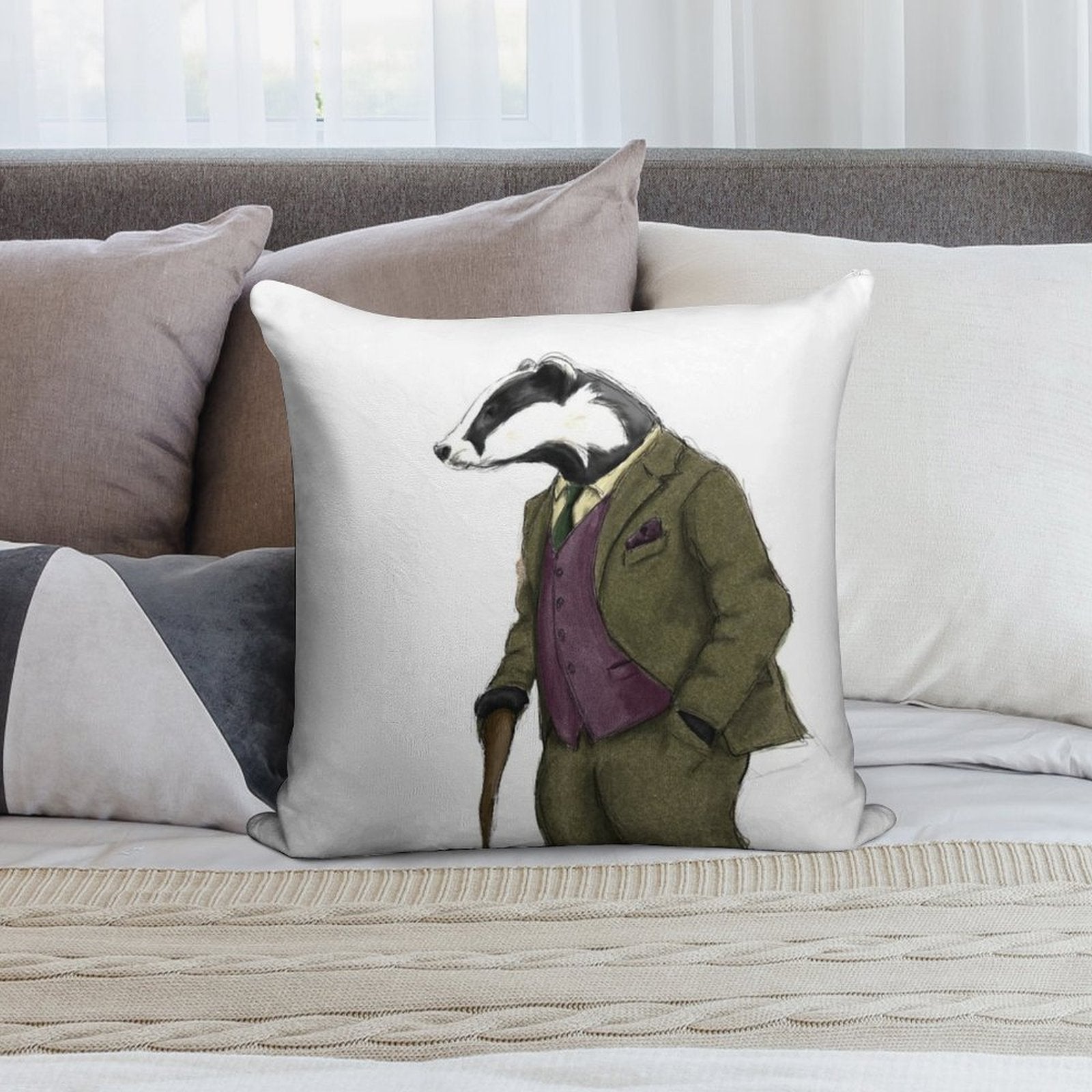 Badger Illustration Soft Hidden Zipper Throw Pillow