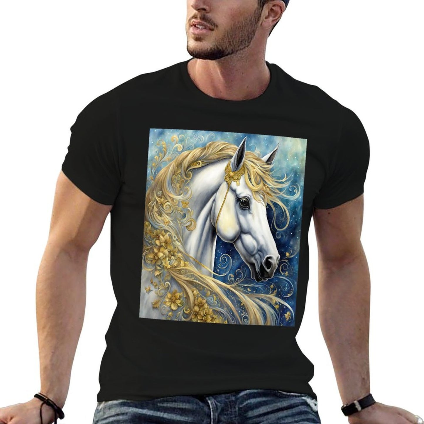 Womens Celestial White Horse in Night Sky Twilight And Flowers  Polyester Blend T-Shirt
