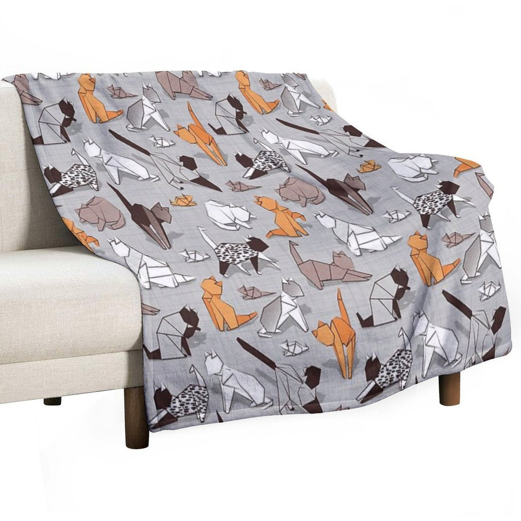 Origami Kitten Friends  Grey Linen Texture Background Paper Cats Sustainable Throw Blanket