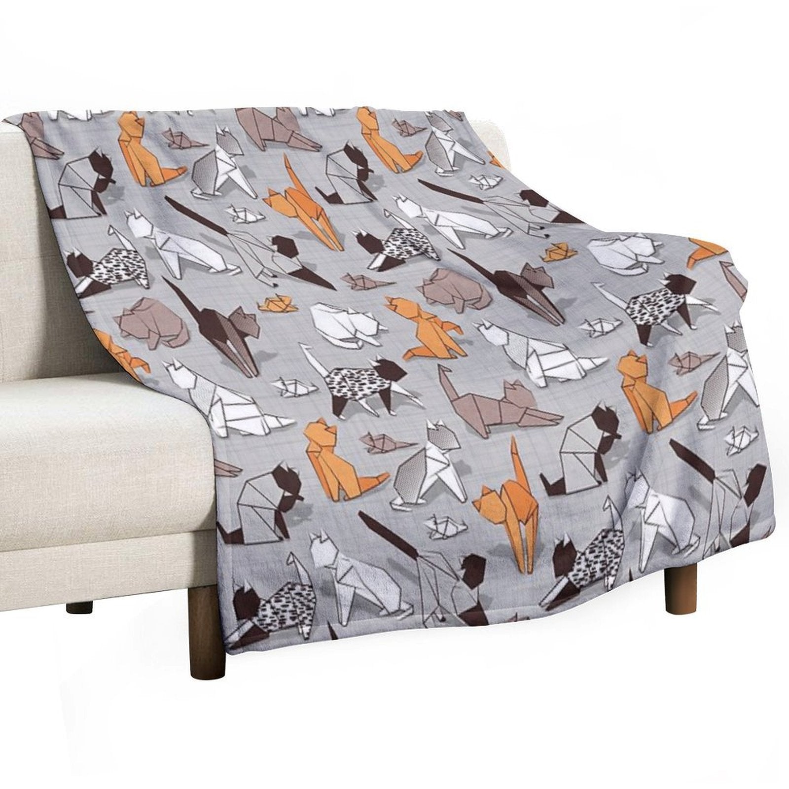 Origami Kitten Friends  Grey Linen Texture Background Paper Cats Sustainable Throw Blanket