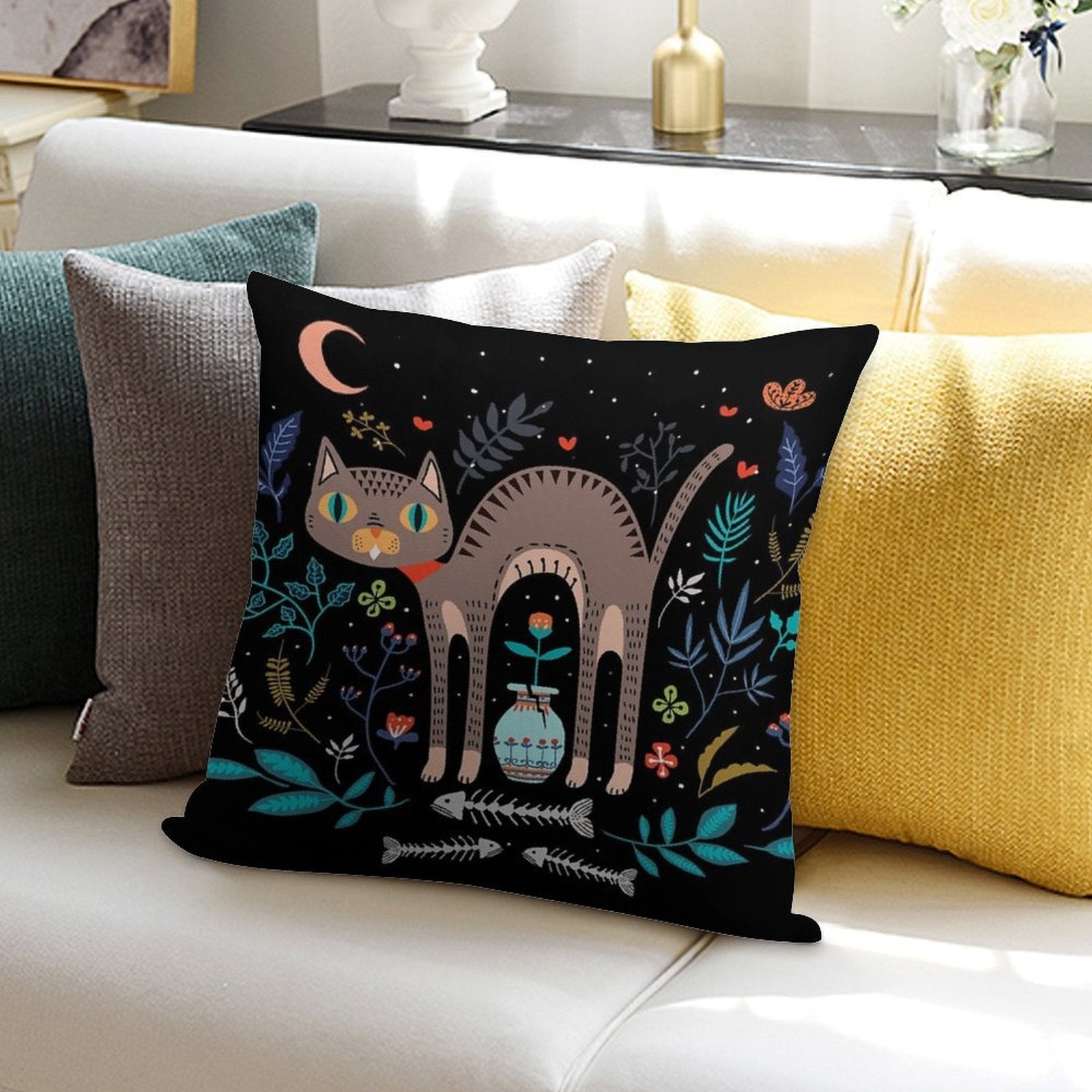 Floral And Cat at Night Soft Multiple Sizes Throw Pillow