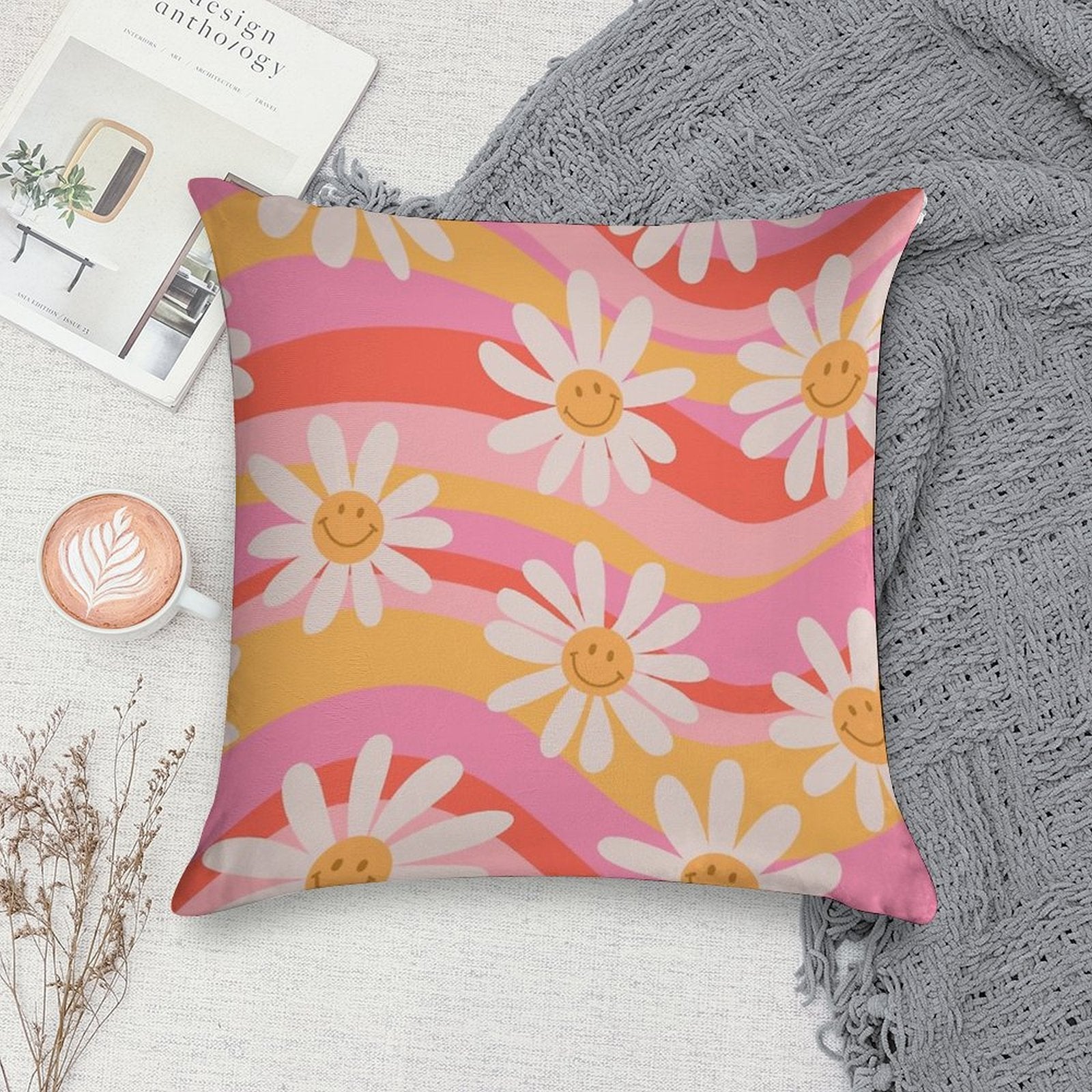 Wavy Daisies Soft Shrink-Resistant Throw Pillow
