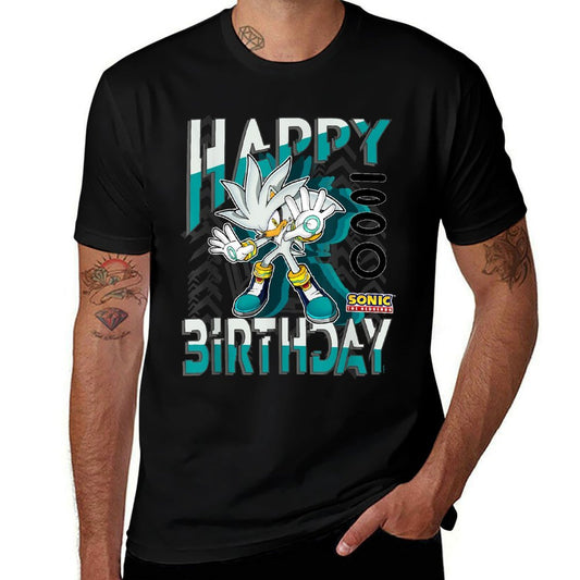 Sonic The Hedgehog Happy Birthday Silver Grid Chest Poster  Fade-proof Color T-Shirt