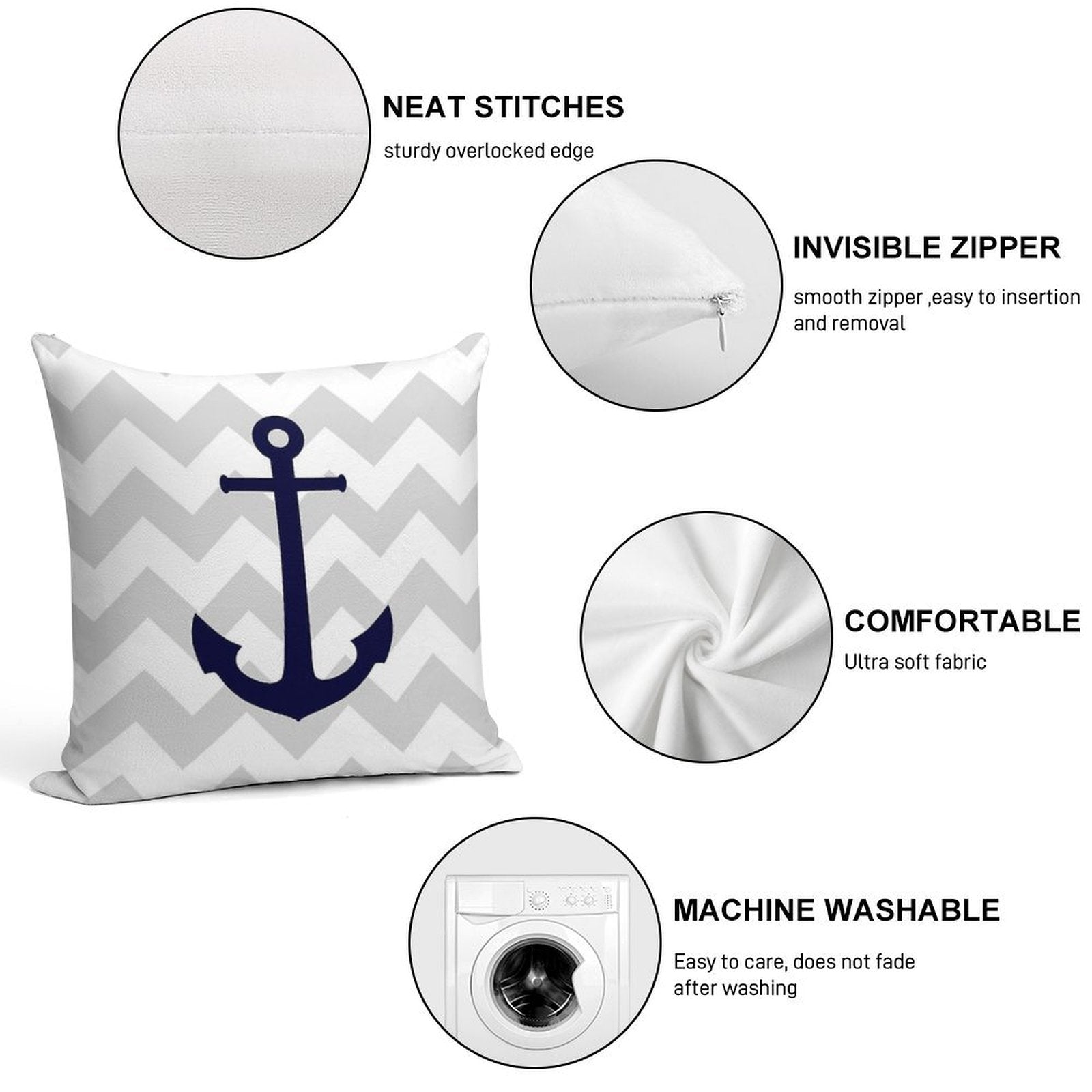 Nautical Navy Blue Anchor On Gray Chevron Soft Durable Construction Throw Pillow