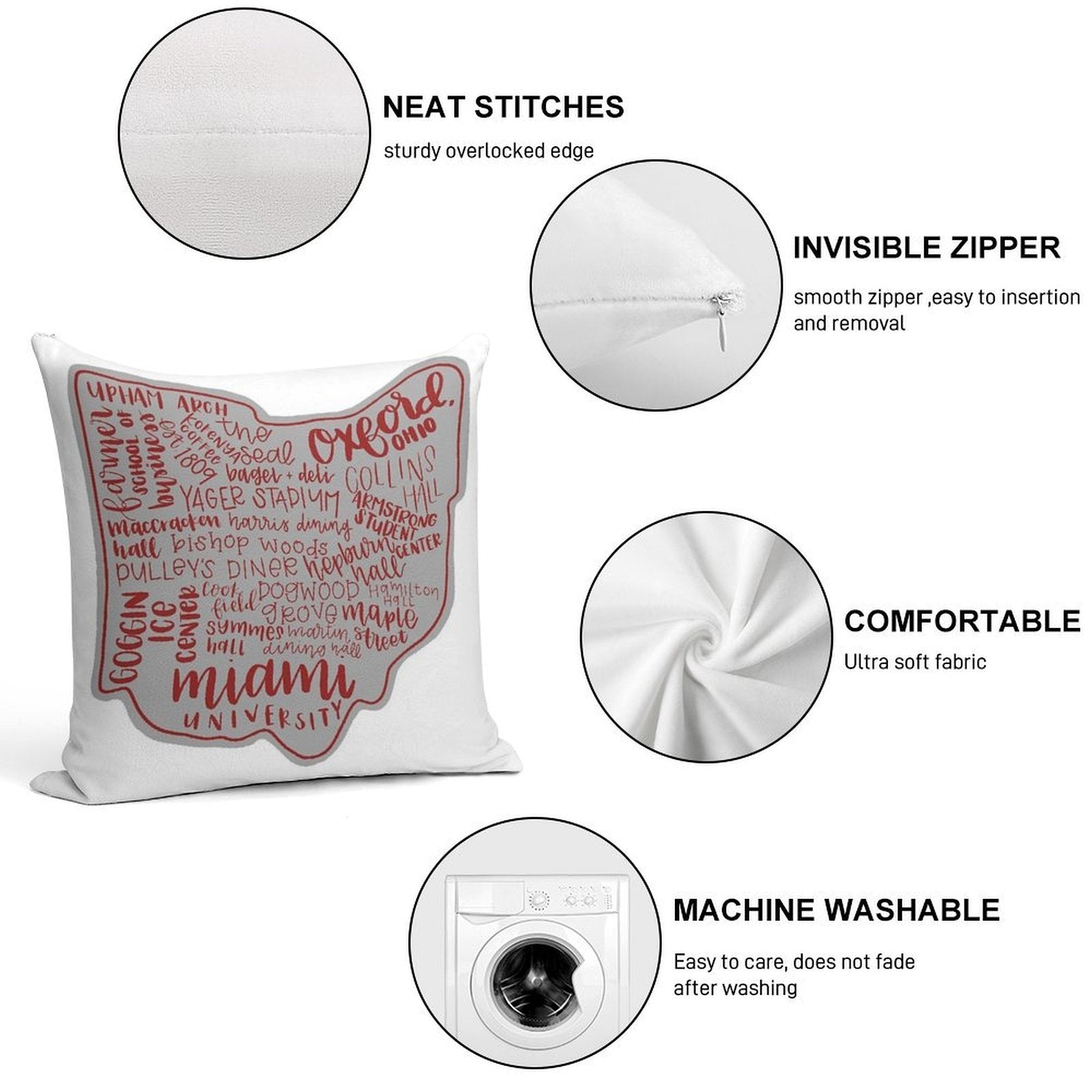 Miami University Ohio Art Print Soft Fade-Resistant Throw Pillow