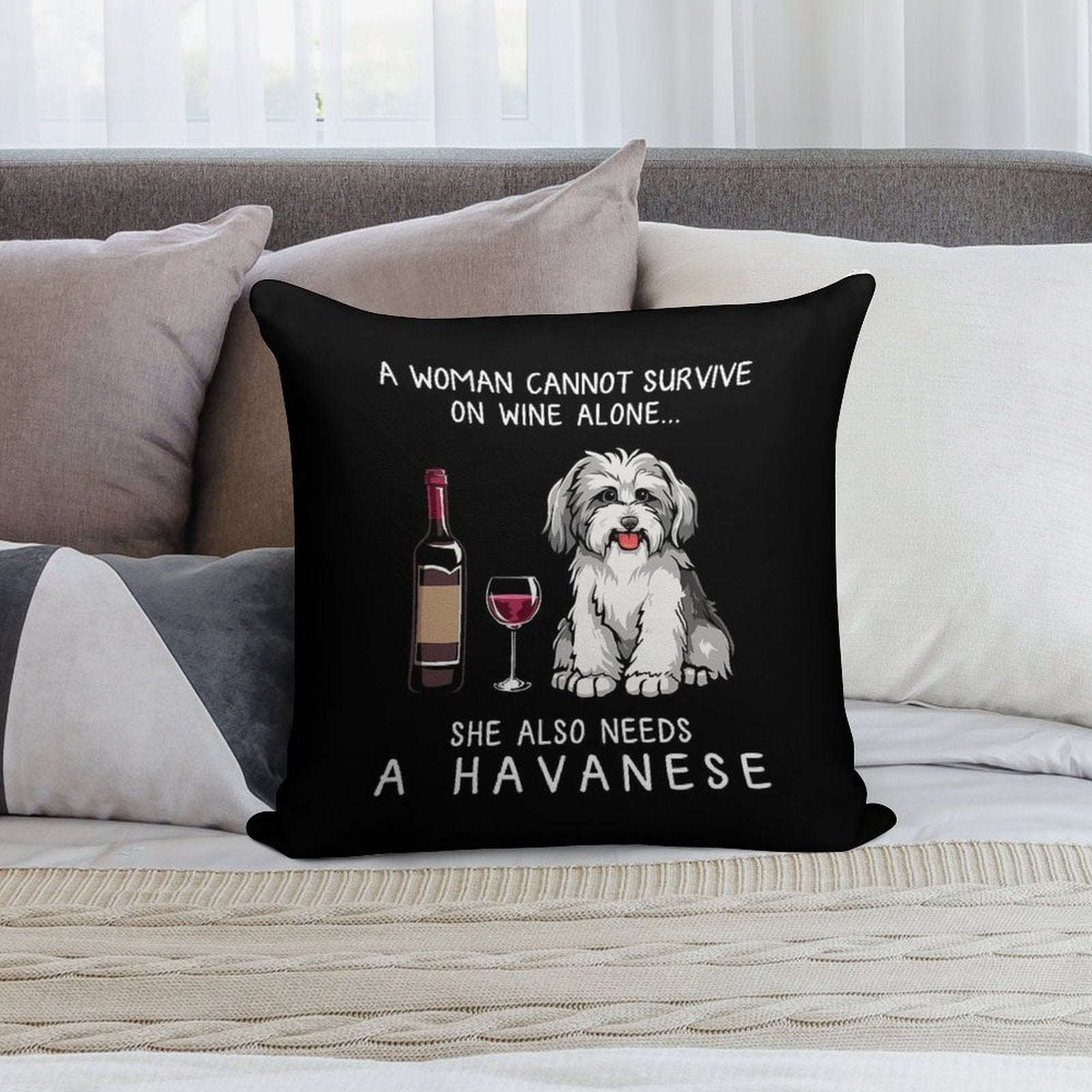 Havanese And Wine Funny Dog Soft Home Decor Throw Pillow