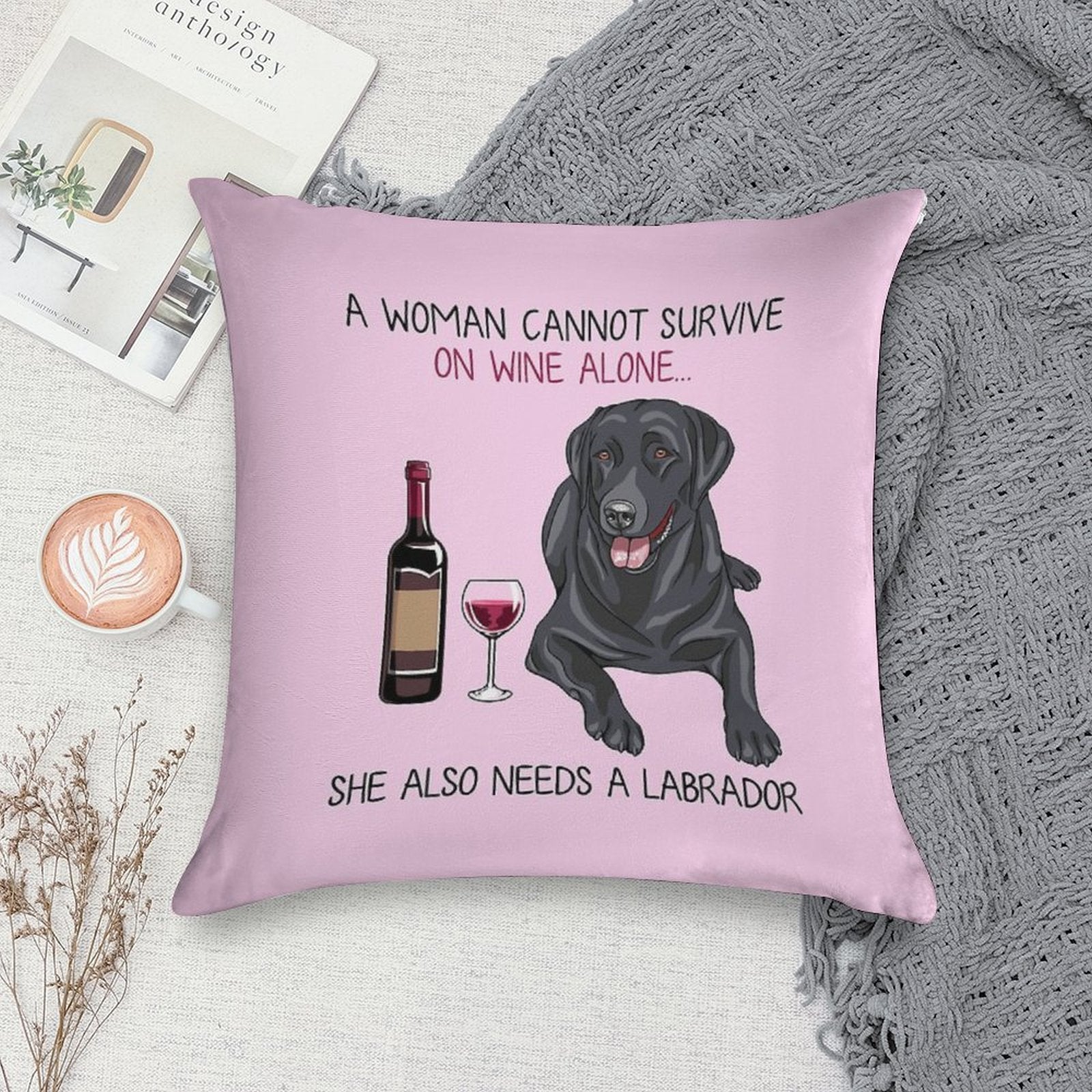 Labrador And Wine Funny Dog Soft Decorative Cover Throw Pillow