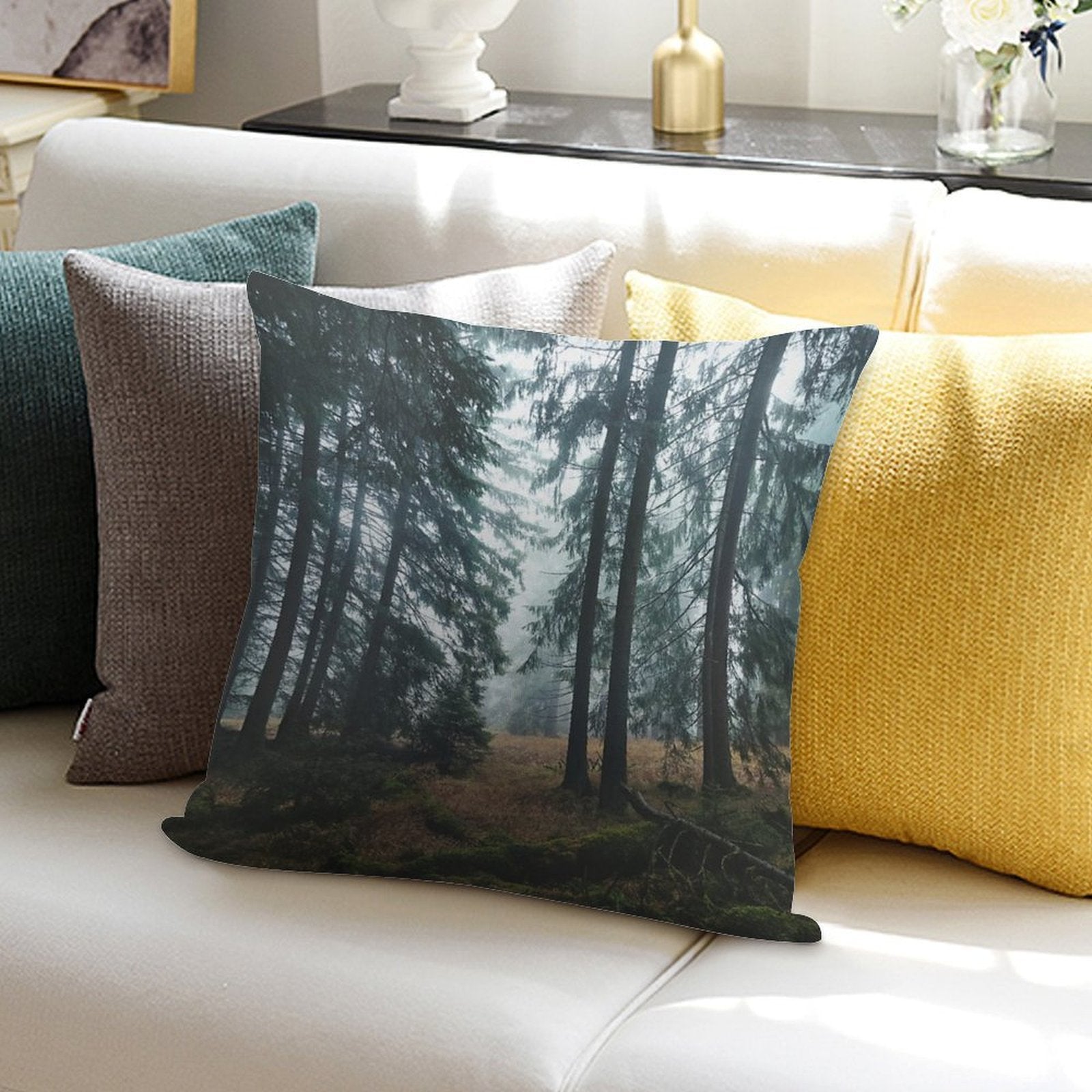 Deep In The Woods  Wild Romantic Misty Retro Fall Wilderness Fairytale Forest With Dark Trees Covered In Fog Soft Anti-Pilling Throw Pillow