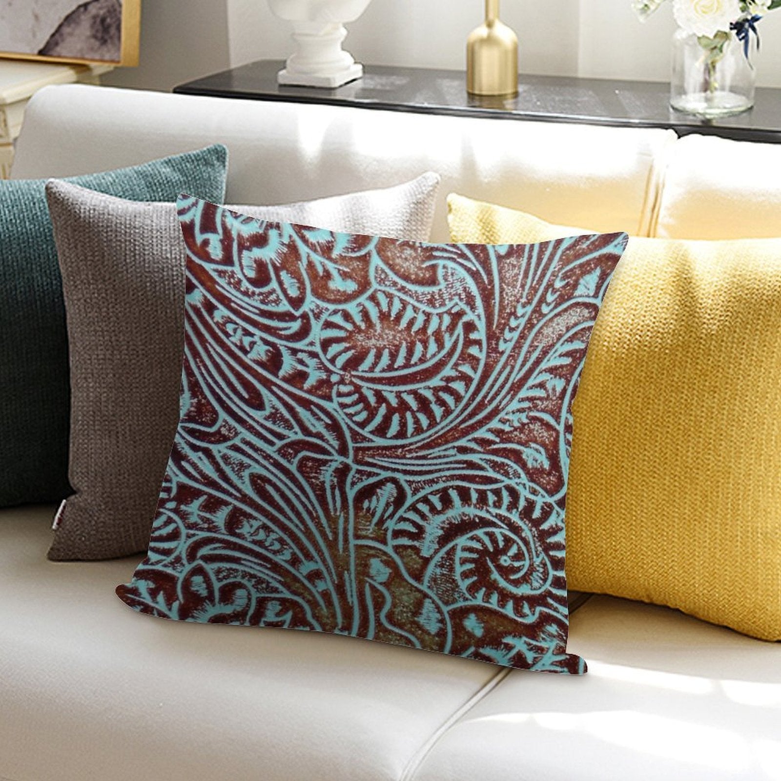 Aqua Brown Tooled Leather Pattern Soft Short Plush Fabric Throw Pillow