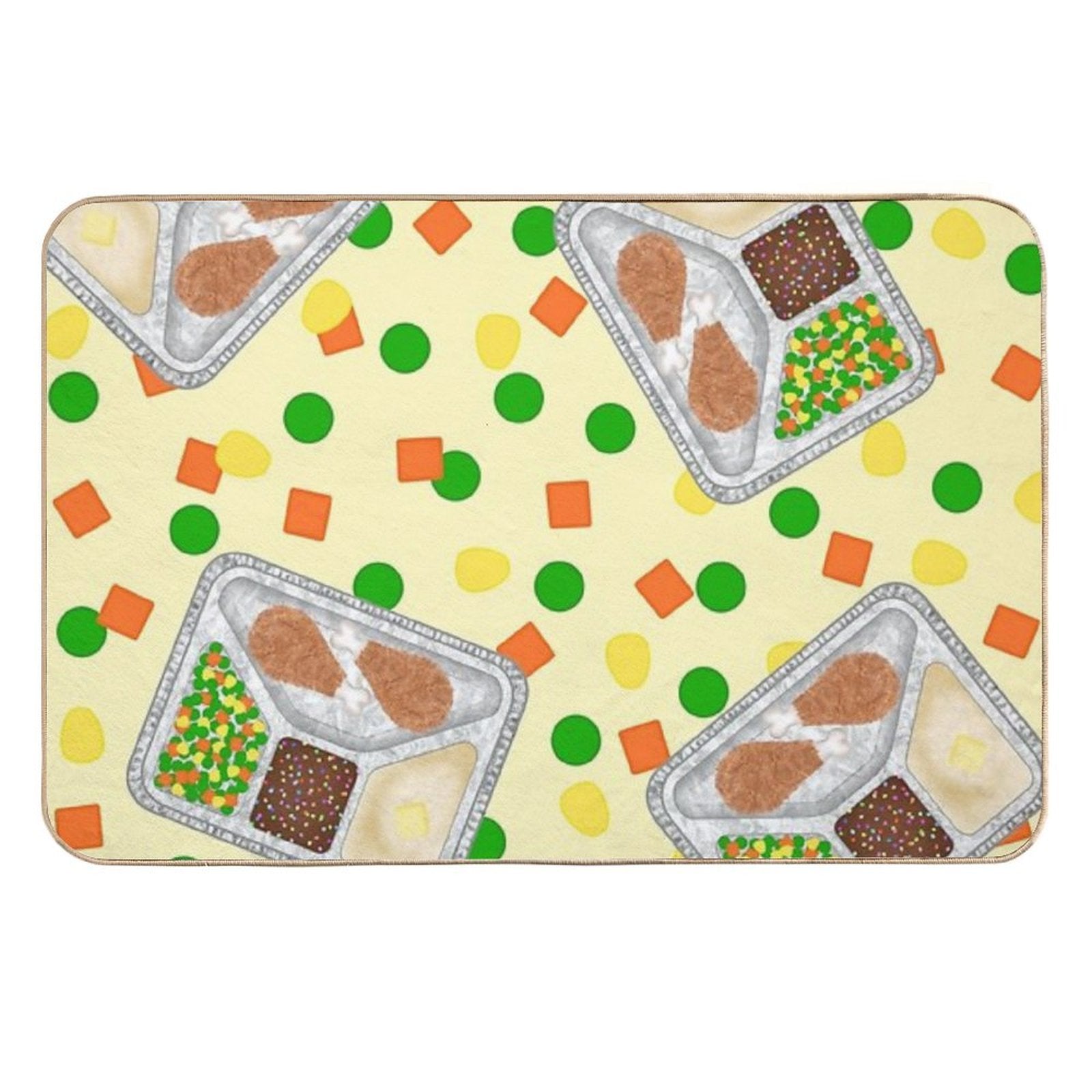 Retro 80’s TV Dinner Tray Food Fried Chicken Peas Corn Carrots On Light Pastel Yellow  Dirt-Trapping Bath Mat