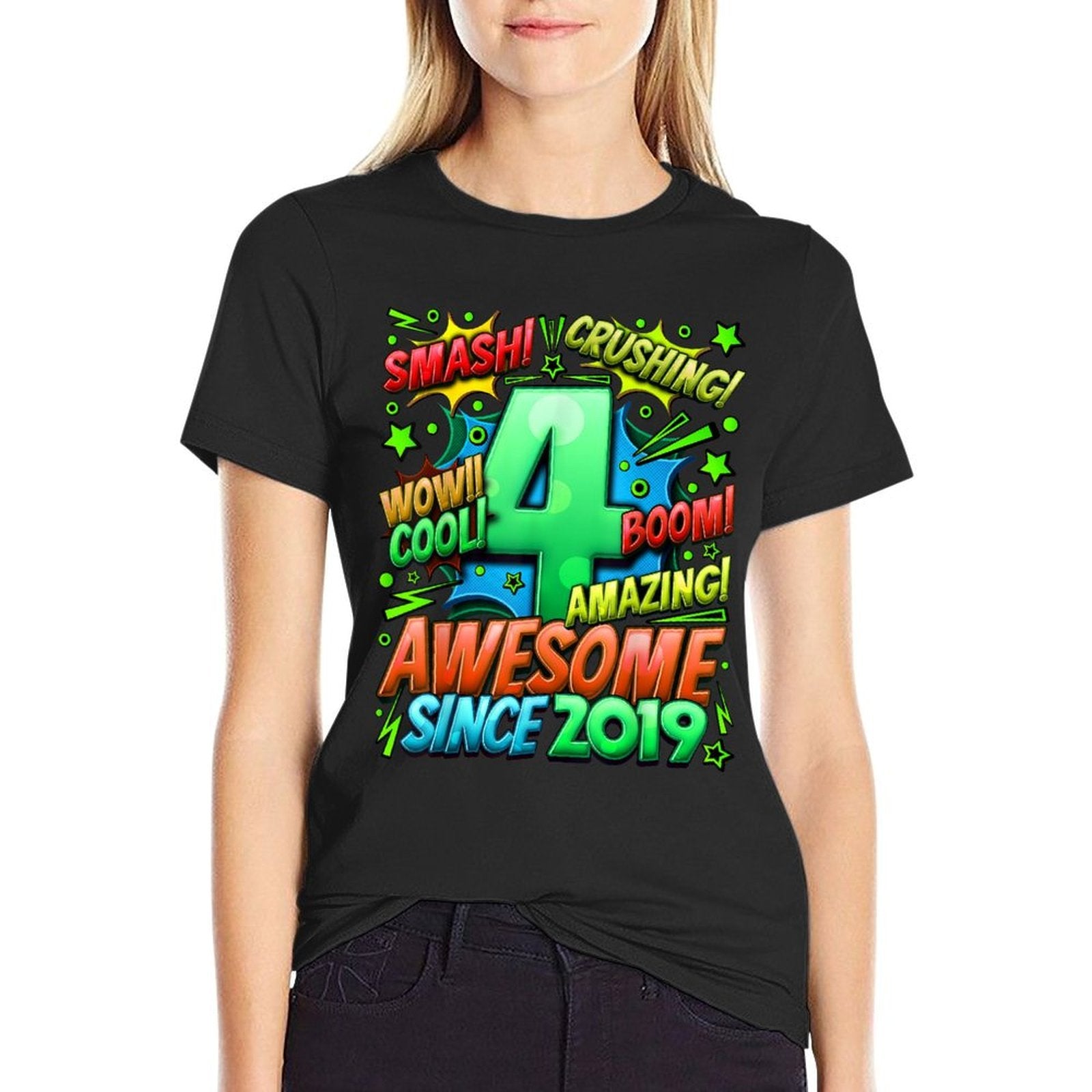 4th Birthday Comic Style Awesome Since 2019 4 Year Old Boy  Wrinkle-resistant T-Shirt
