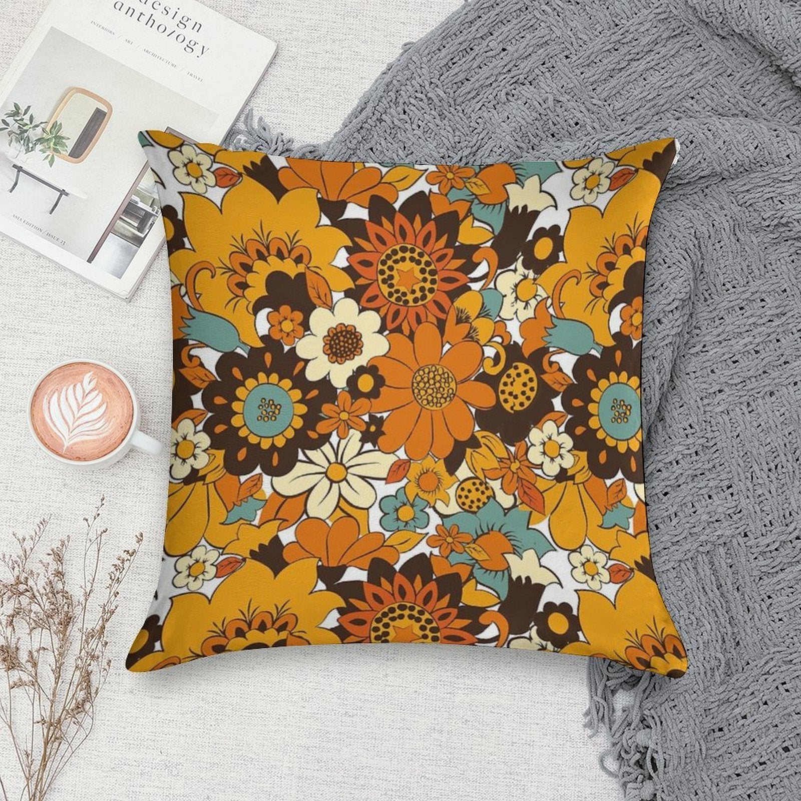 70s 60s Retro Flower Power, Floral Pattern Soft Easy Maintenance Throw Pillow