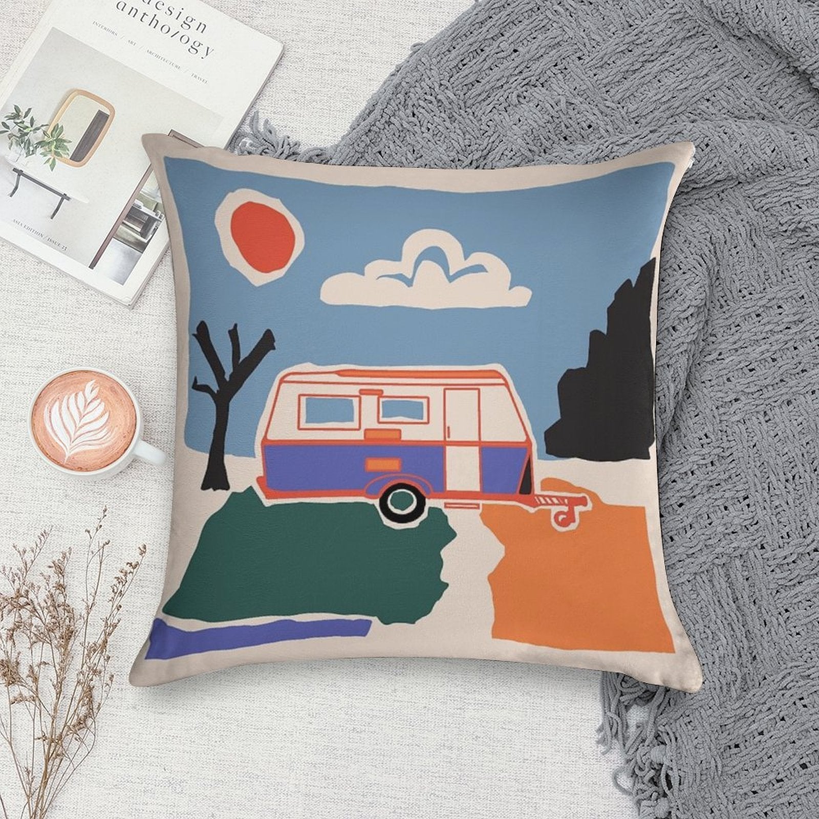 Retro Vintage Caravan Soft Durable Construction Throw Pillow