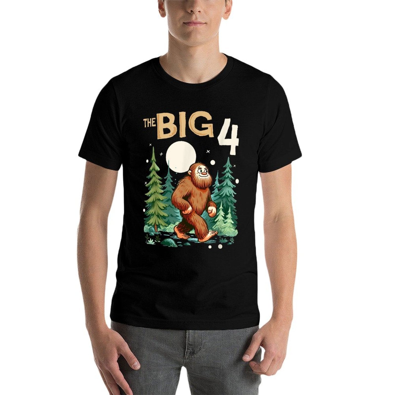 4th Birthday Bigfoot Birthday Party The Big 4 Sasquatch  Rolled Sleeves T-Shirt
