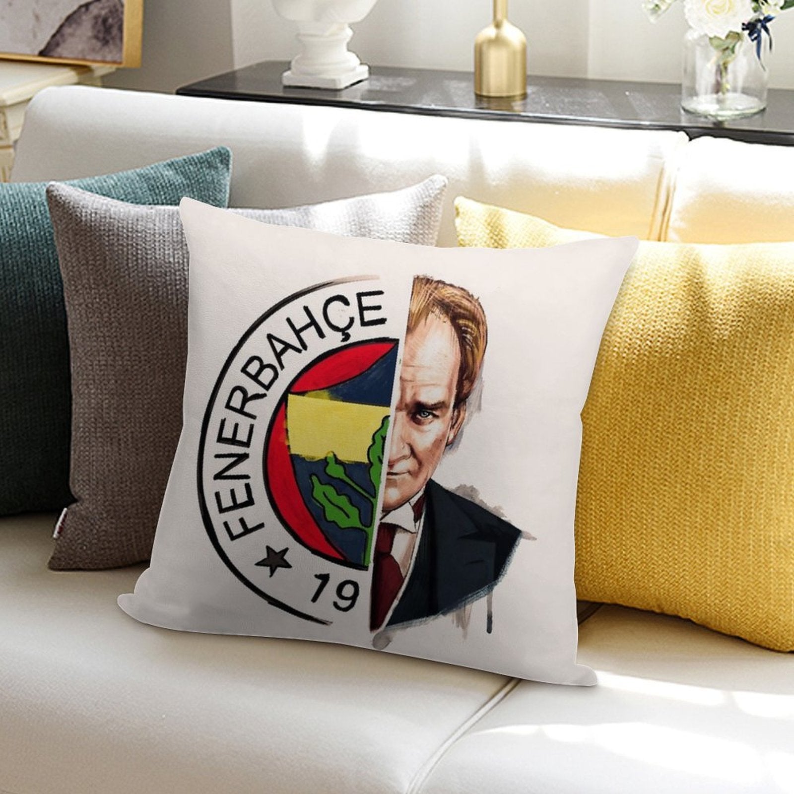 Fenerbahçe Ataturk Soft Short Plush Fabric Throw Pillow