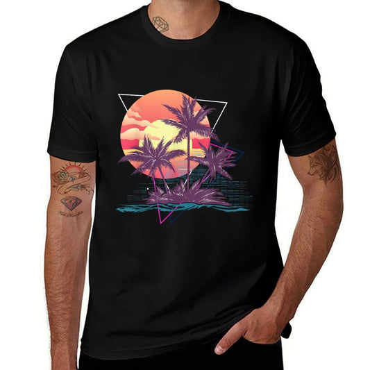 Sunset Beach Palm Trees Tropical Summer Retro  Polyester Blend T-Shirt