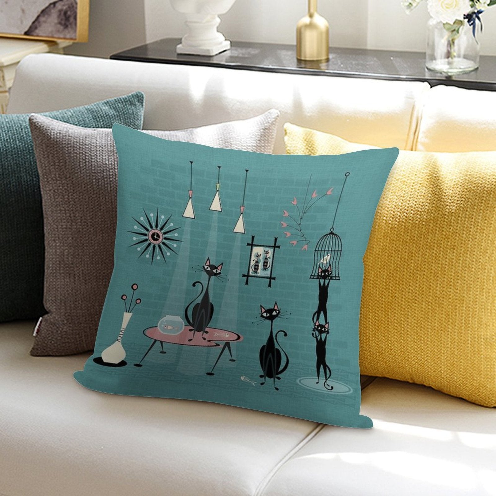 Mid Century Kitty Mischief III ©studioxtine Soft Warmth Comfort Throw Pillow