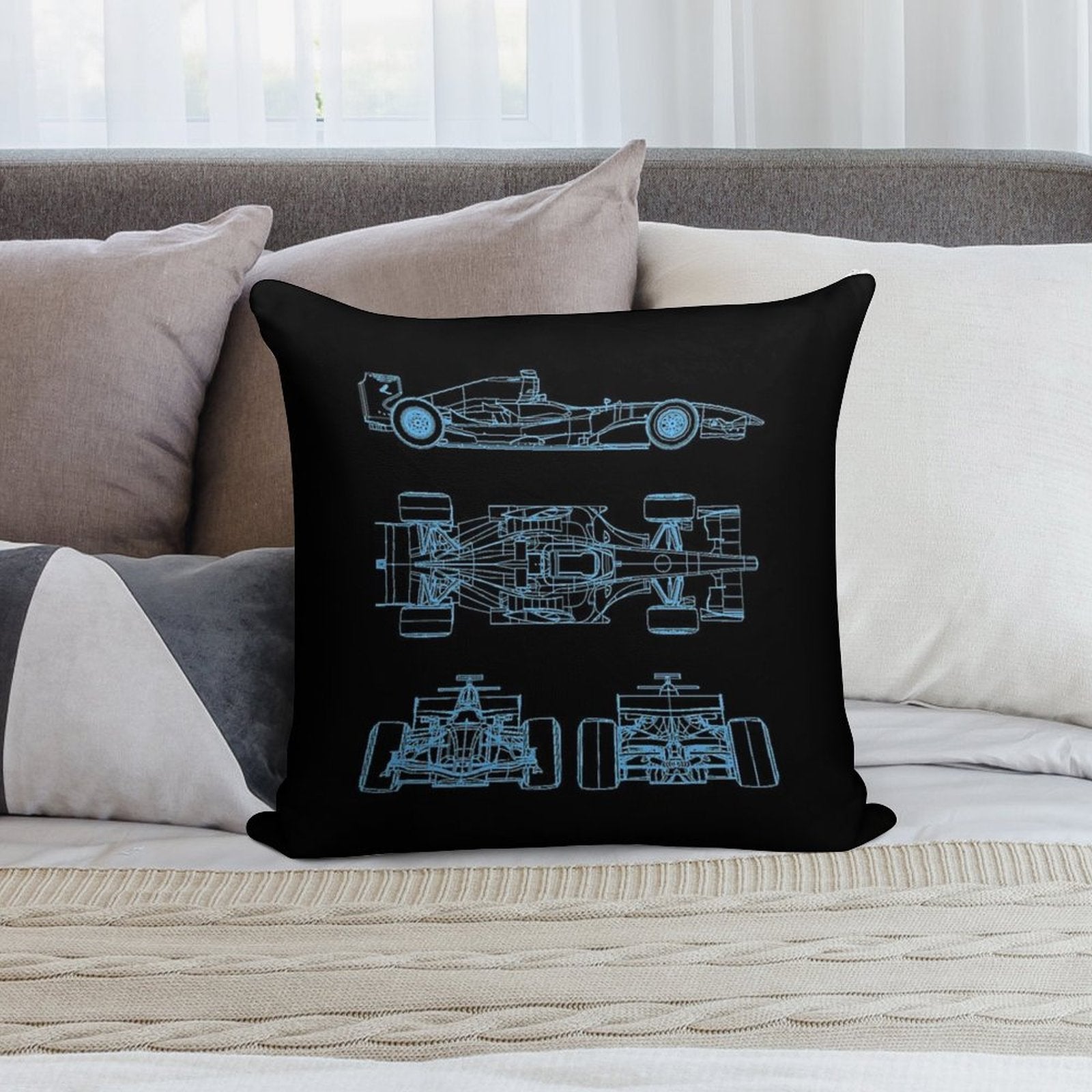 Racing Car Blueprint Project Light Blue Soft Durable Construction Throw Pillow