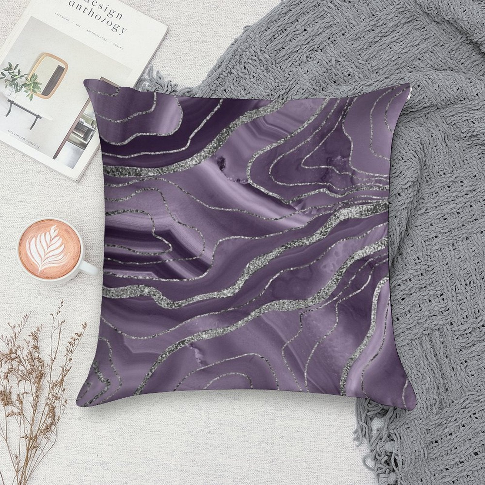 Lavender Agate Silver Glam #1 (Photo of Glitter Only - Not Reflective) Soft Hidden Zipper Throw Pillow