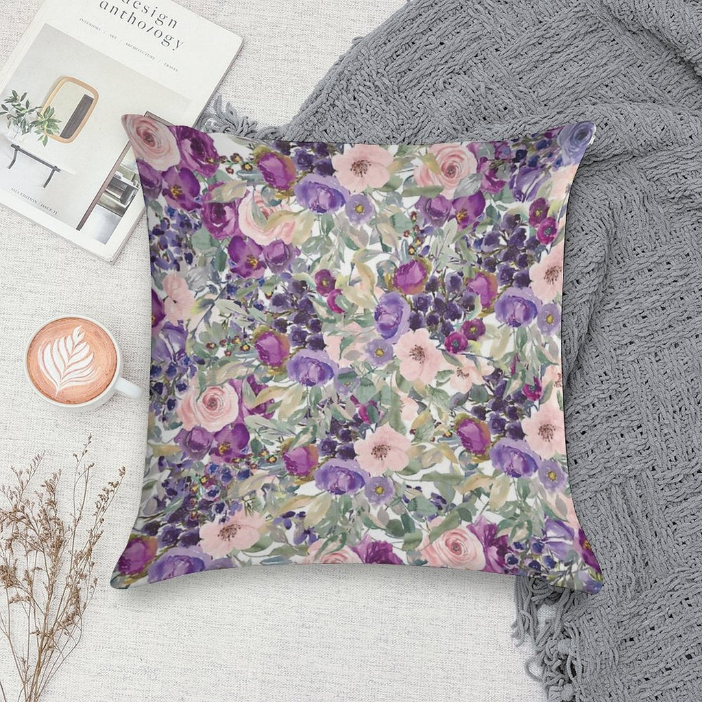 Pink Purple Watercolor Floral Botanical Soft Shrink-Resistant Throw Pillow