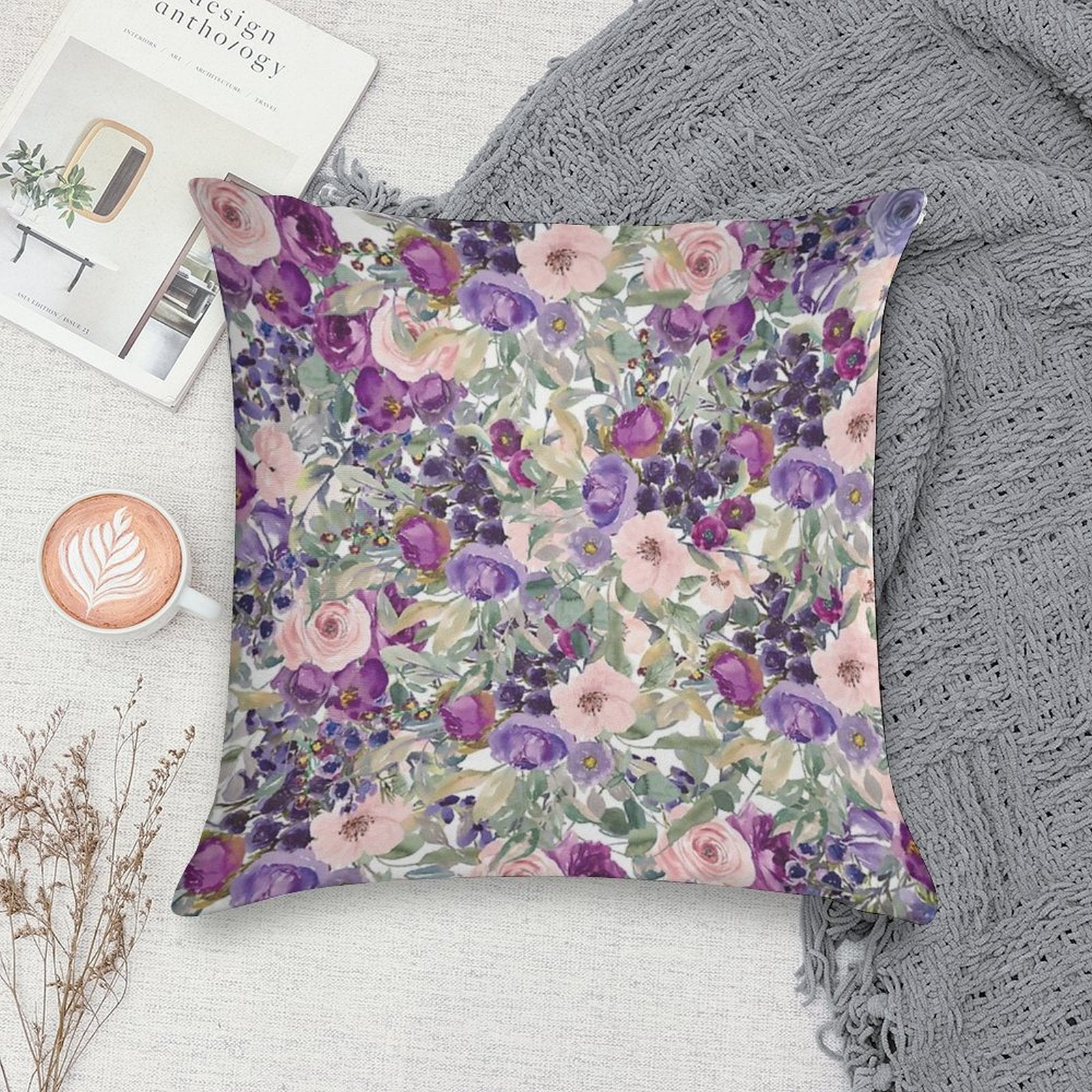 Pink Purple Watercolor Floral Botanical Soft Shrink-Resistant Throw Pillow
