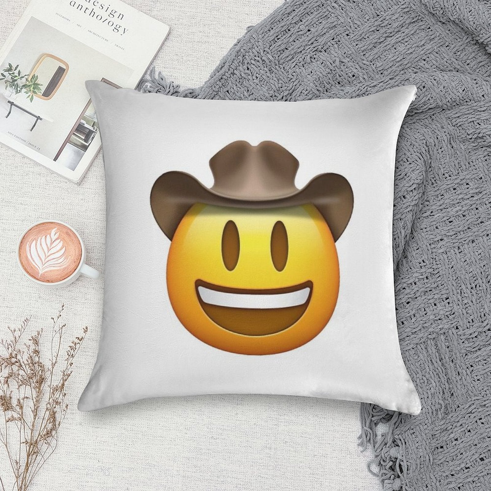 Cowboy Hat Smiley Face Emoji Soft Luxury Feel Throw Pillow