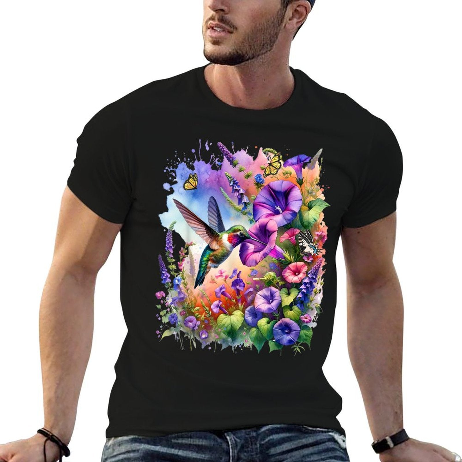 Ruby Throated Hummingbird With Wild Flowers And Butterflies  Quick-drying T-Shirt