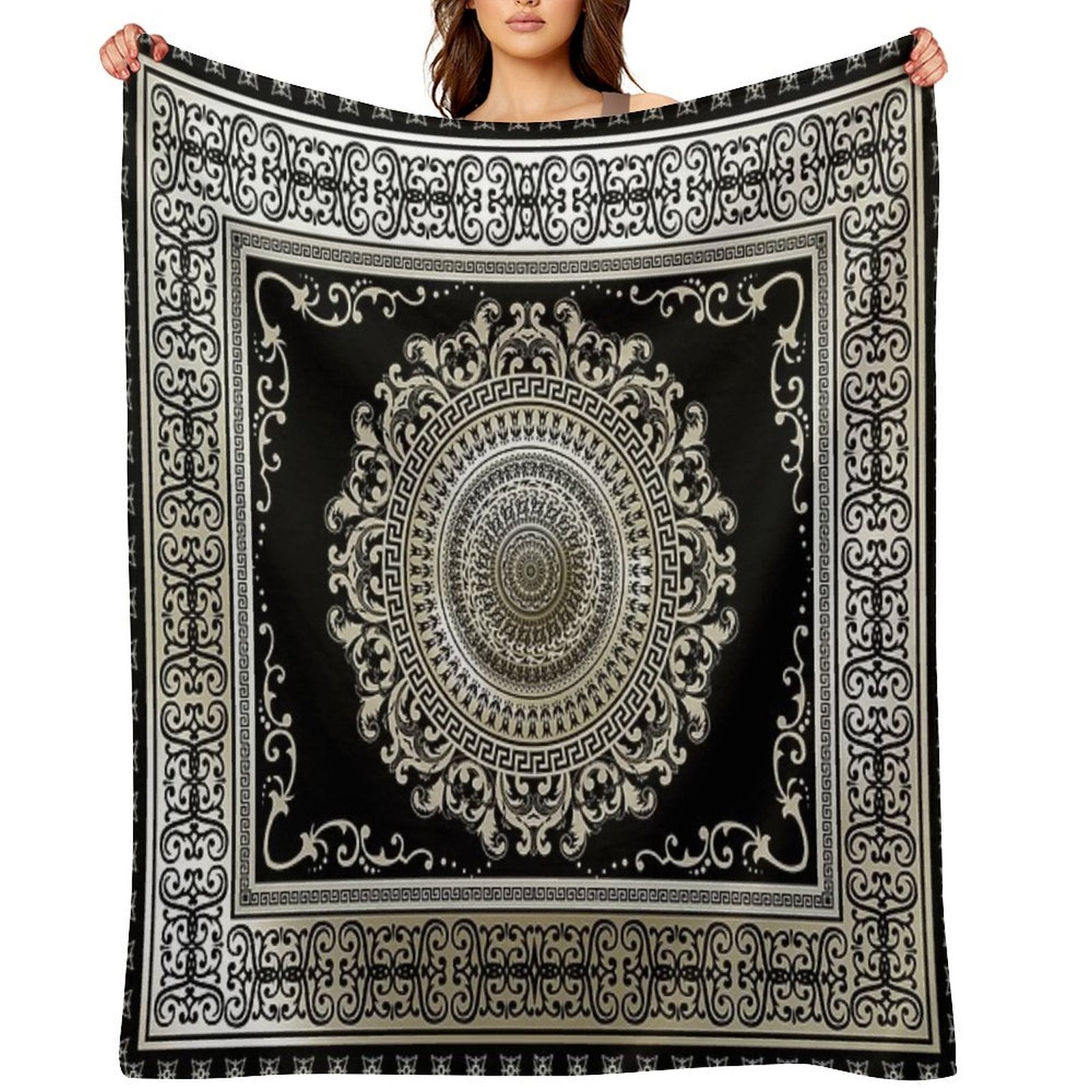 Ornate Greek Key Medallion Khaki And Black Durable Throw Blanket