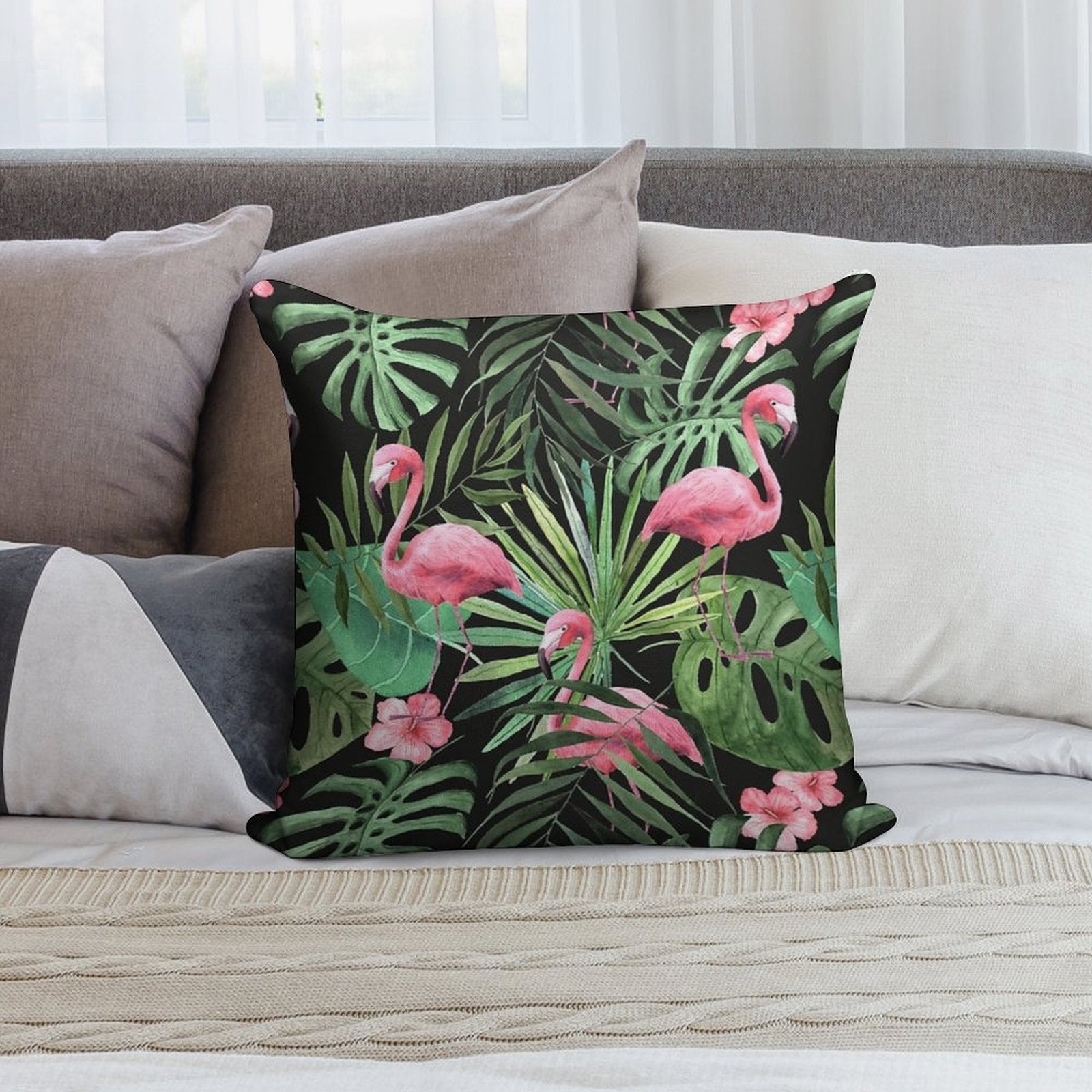 Palm Leave With Flamingo Pattern Soft Short Plush Fabric Throw Pillow