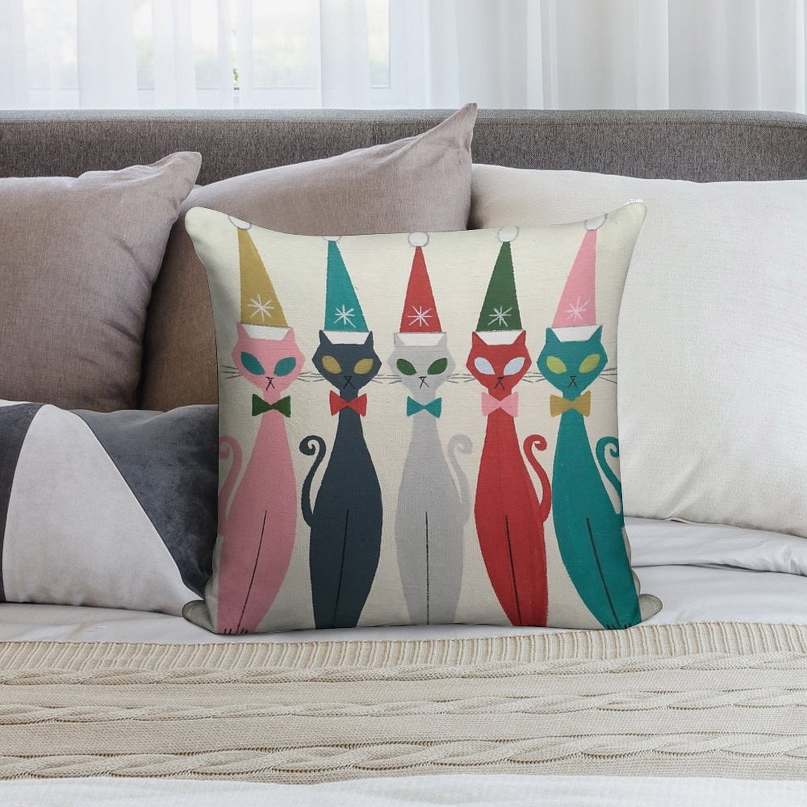 Multicolor Kitty Santa Soft Washable Throw Pillow