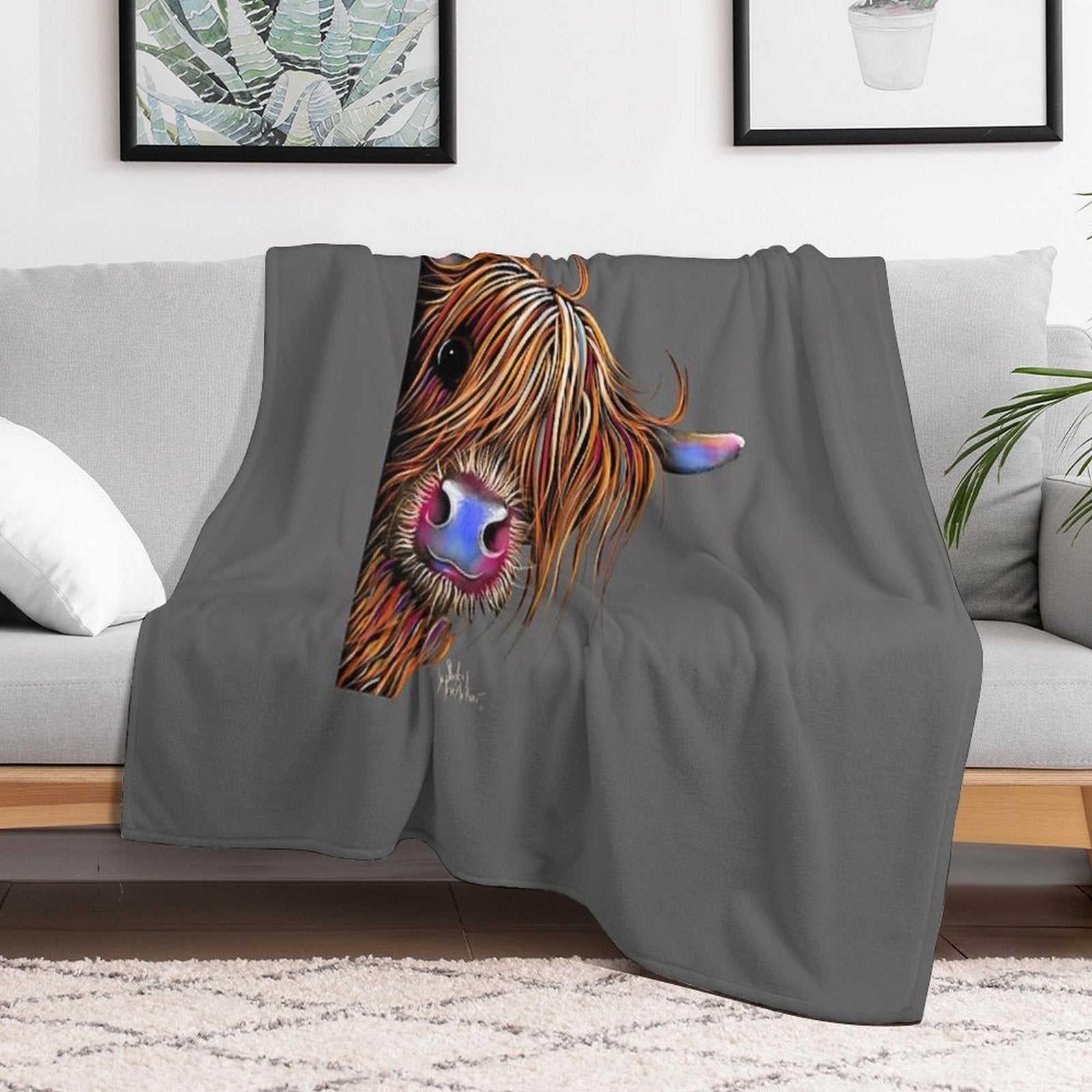 HiGHLaND CoW PRiNT SCoTTiSH ' SuGaR LuMP ON GReY ‘ BY SHiRLeY MacARTHuR Gift-ready Throw Blanket