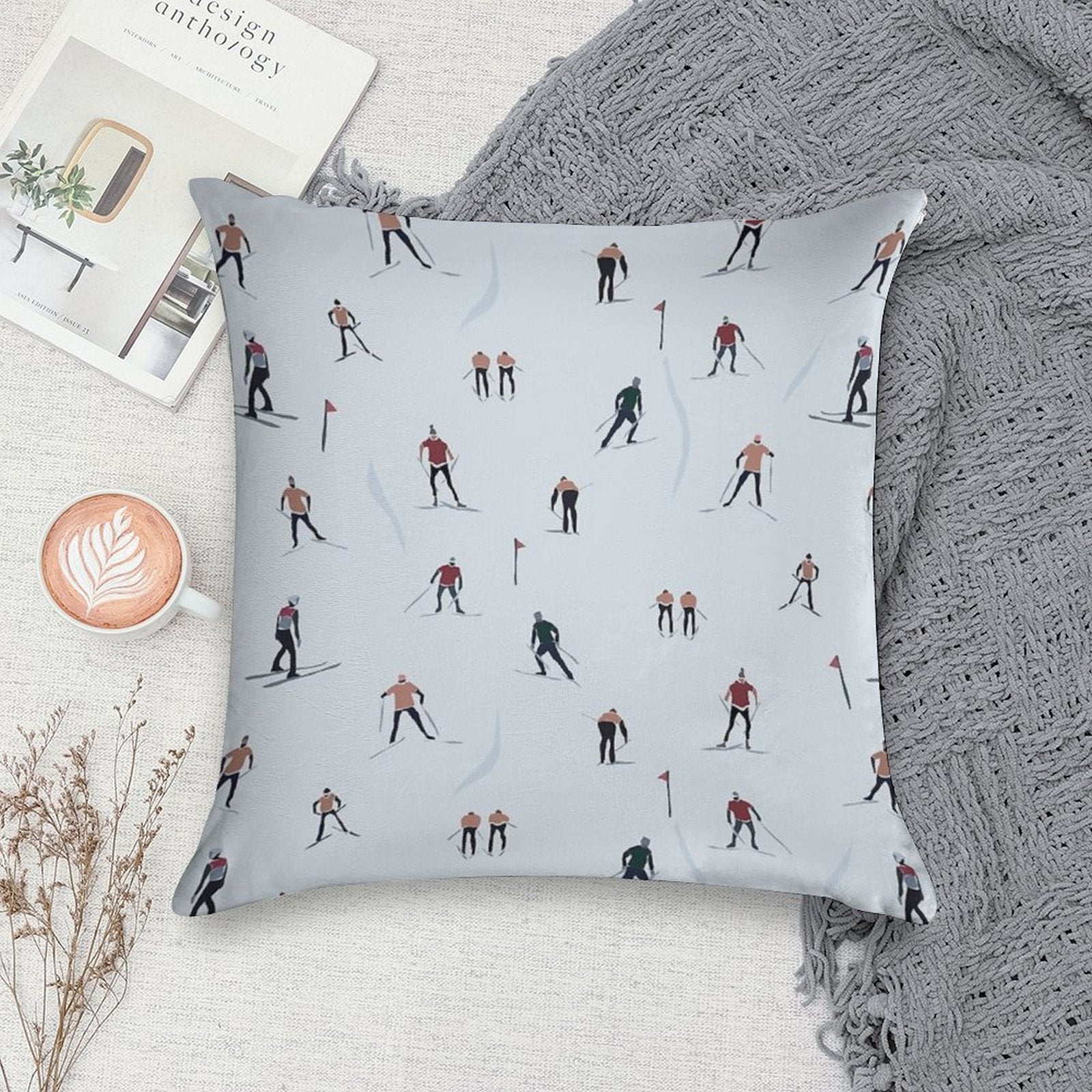 Skier Print Soft Luxury Feel Throw Pillow