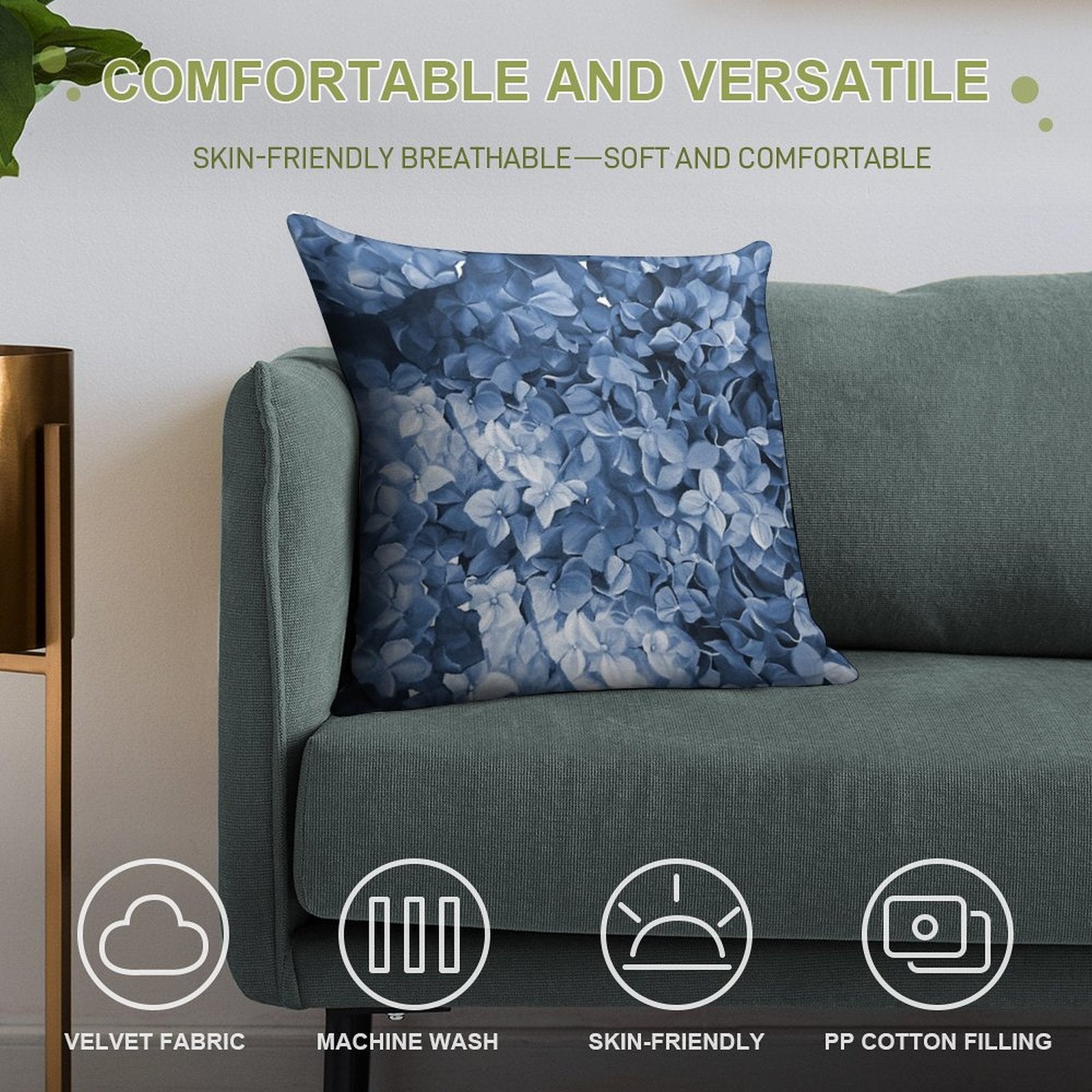 Hydrangea Hamptons Blue Soft High-Density Material Throw Pillow