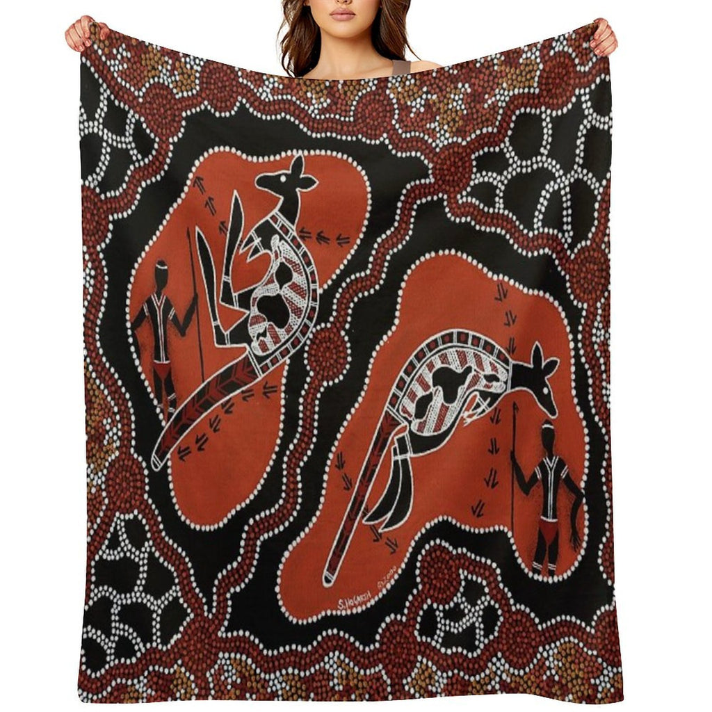 Authentic Aboriginal Art -  Men Kangaroo Hunting Easy Care Throw Blanket