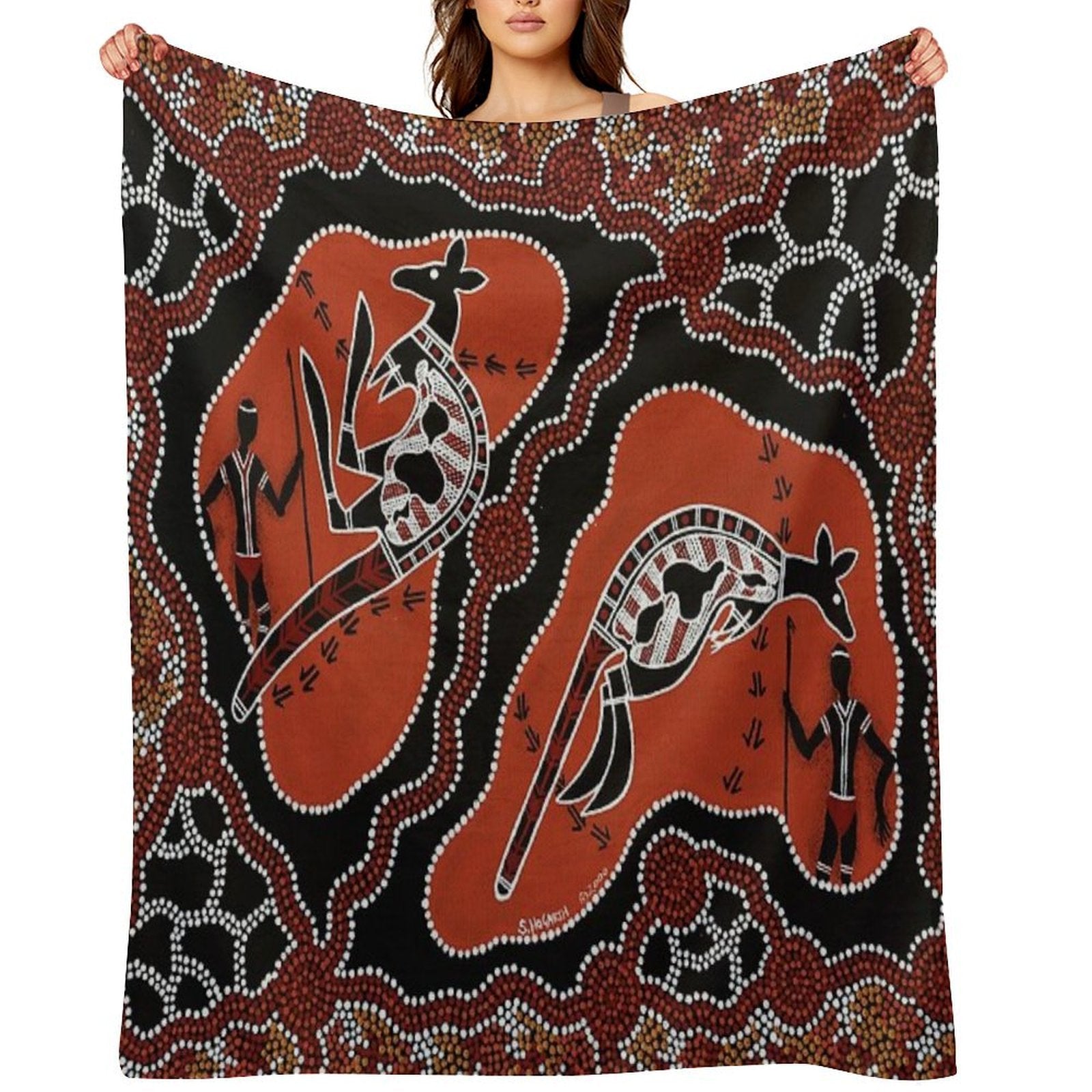 Authentic Aboriginal Art -  Men Kangaroo Hunting Easy Care Throw Blanket