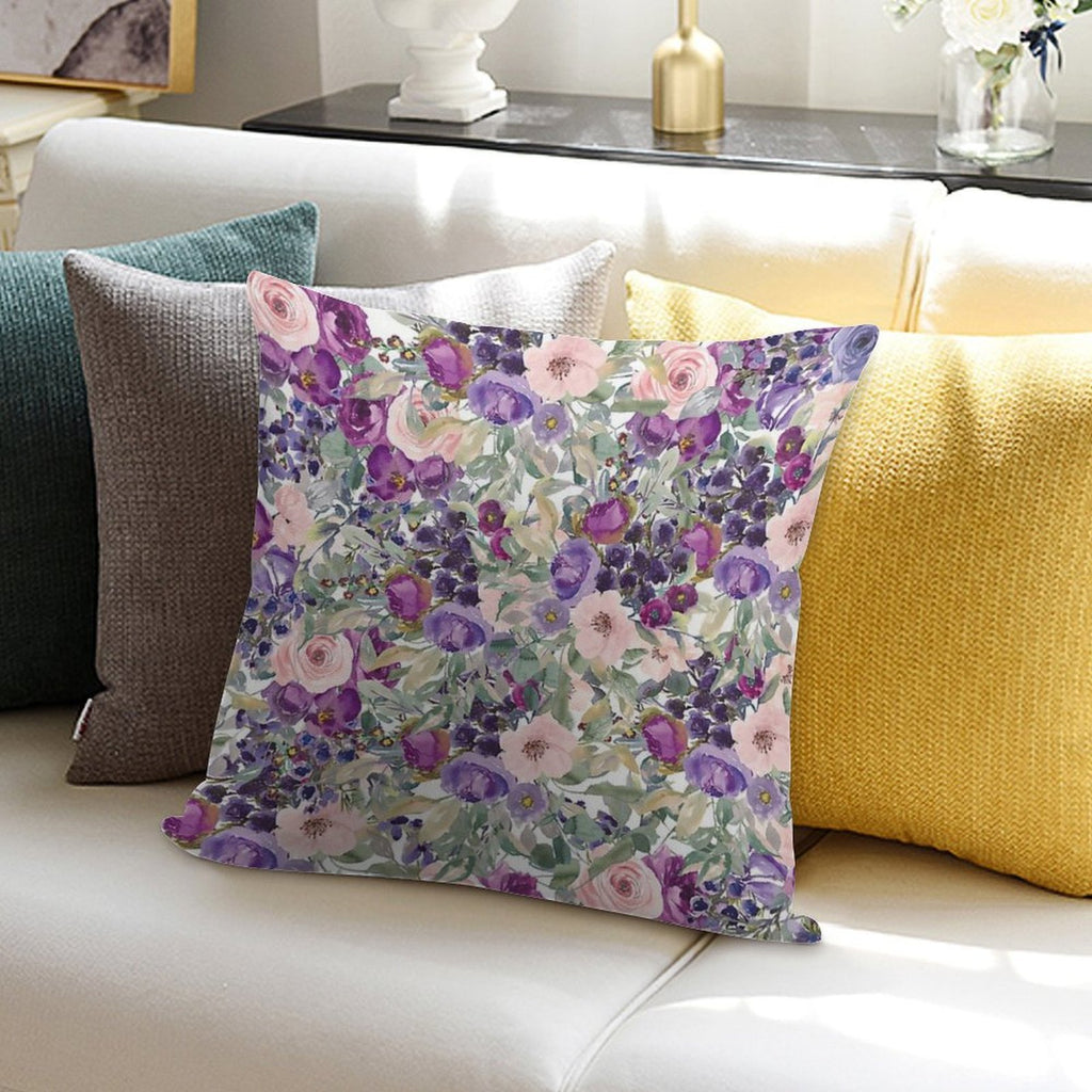 Pink Purple Watercolor Floral Botanical Soft Shrink-Resistant Throw Pillow