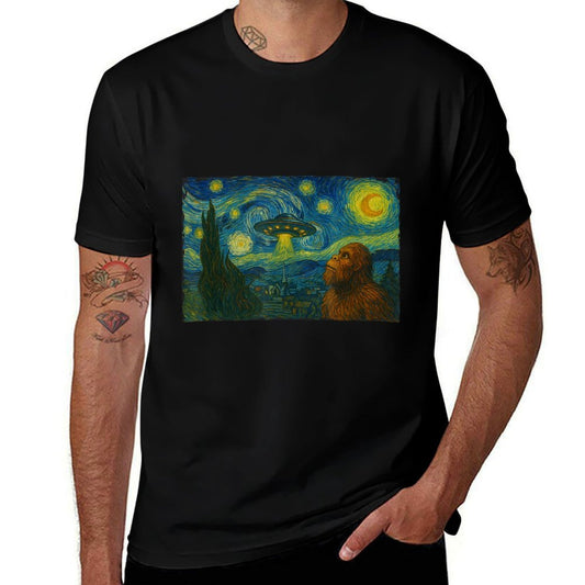 Starry Night UFO Bigfoot Funny Sci-Fi Van Gogh Painting  Ribbed Collar T-Shirt