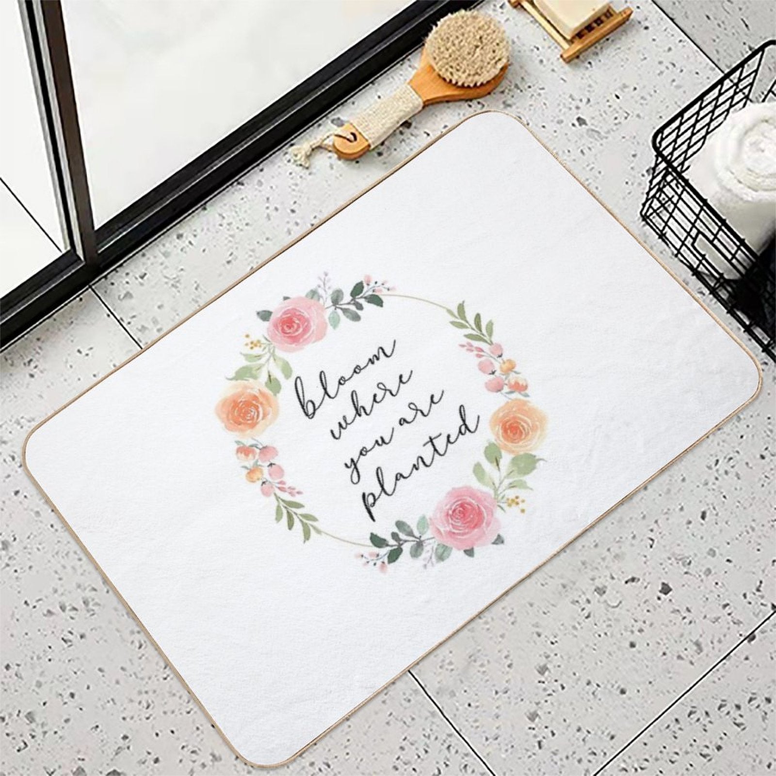 Bloom Where You Are Planted – Rose Watercolour Wreath Quote  Non-Slip Bath Mat